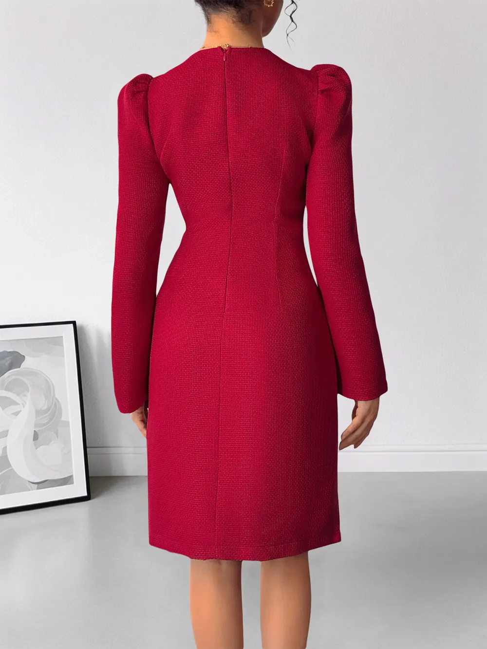 Pearl Trim V-Neck Long Sleeve Bodycon Dress, image 5