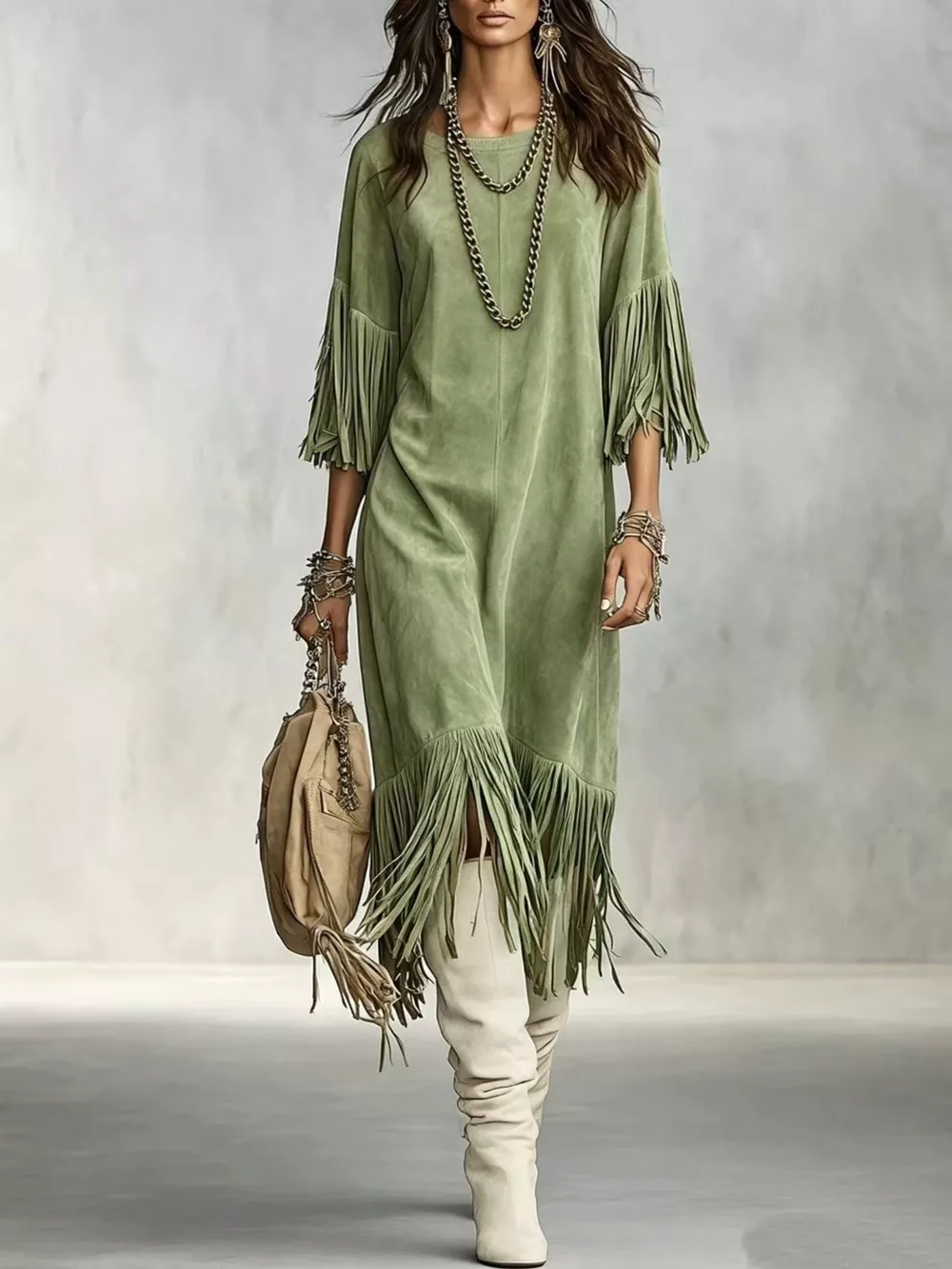 Fringed Round Neck Midi Dress, image 7