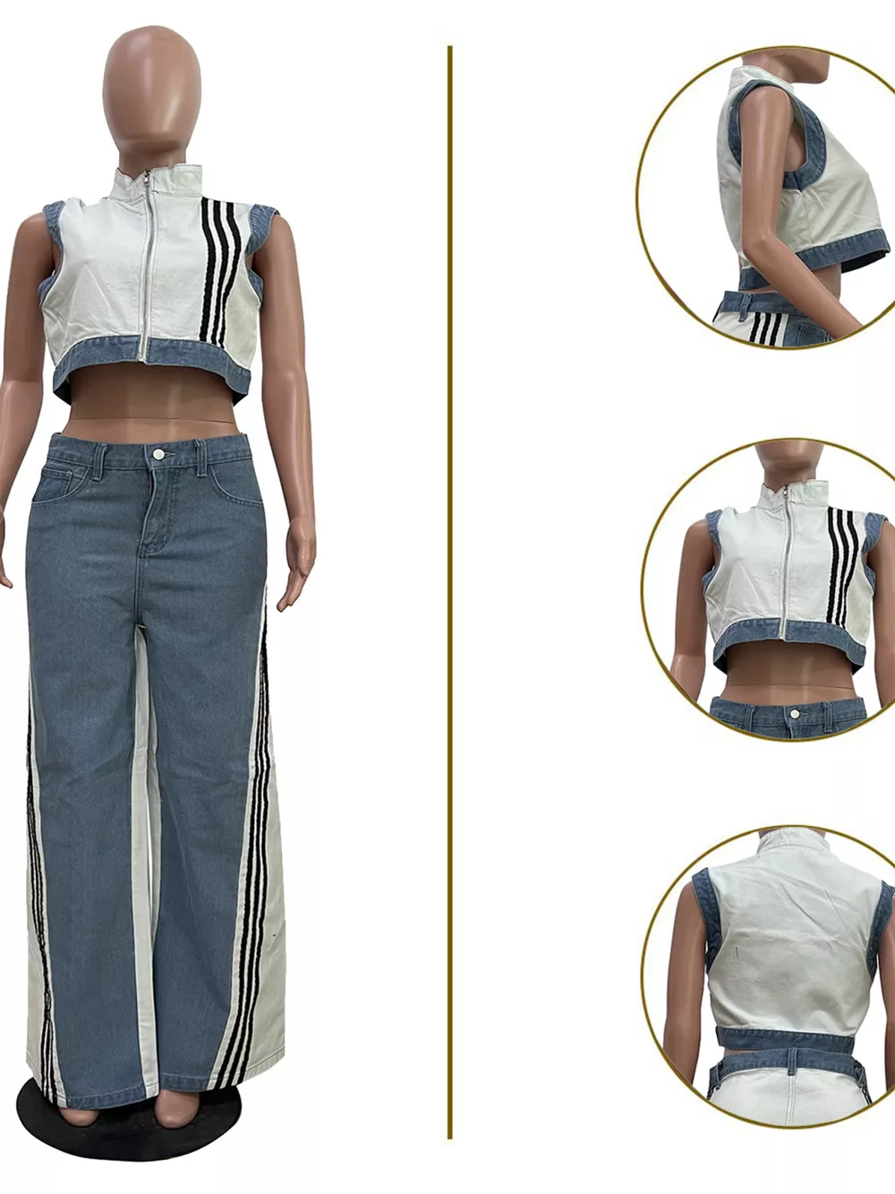 Zip Front Crop Top and Striped Pants Set, image 4