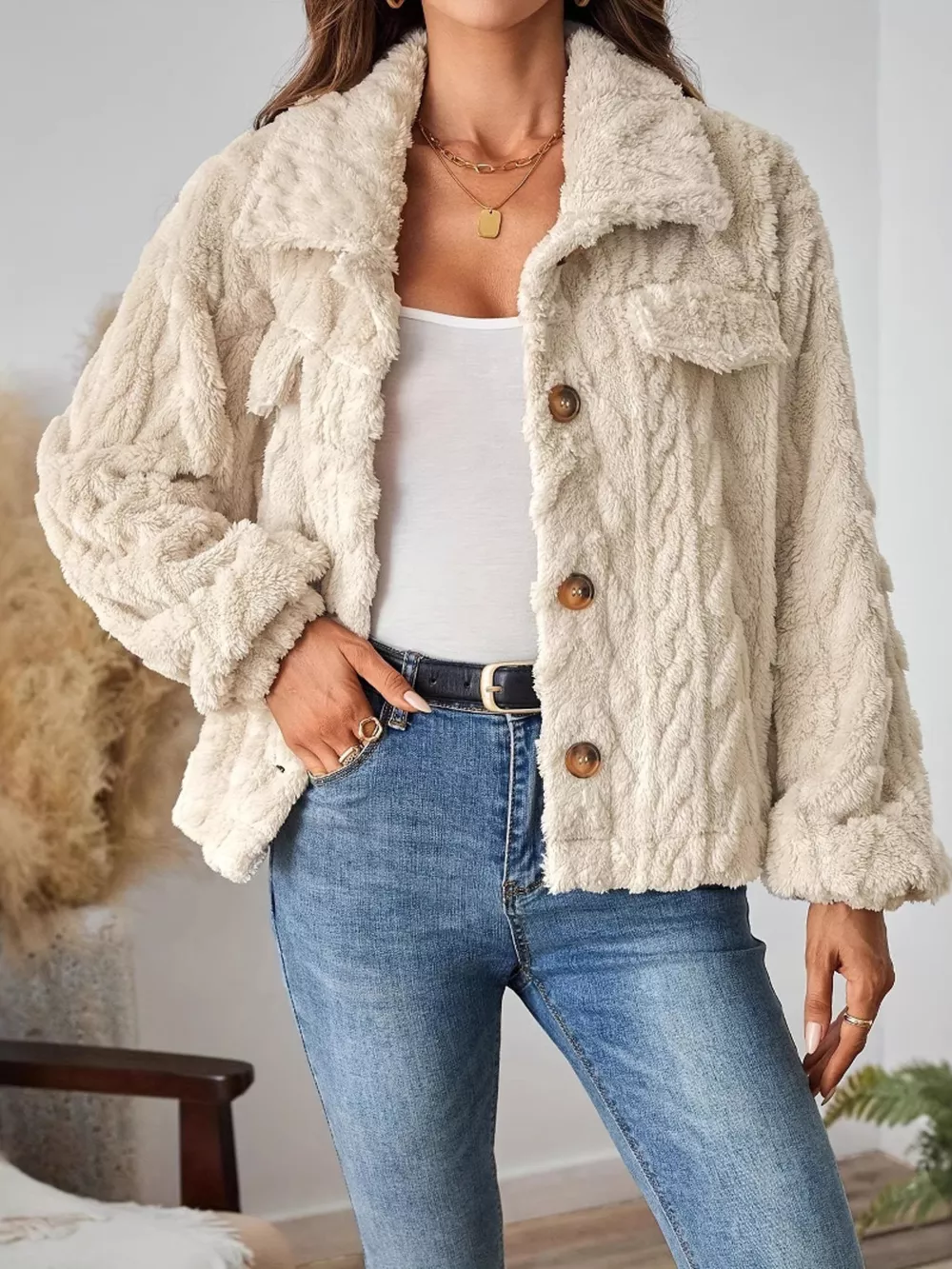 Cozy Textured Fleece Button-Up Outerwear, image 3