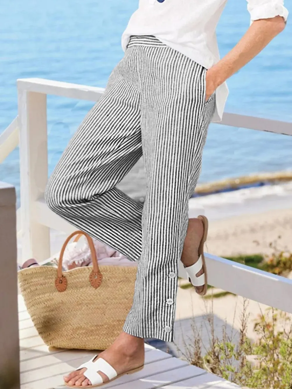 Full Size Striped Side Button Detail Pants Plus Size, image 7
