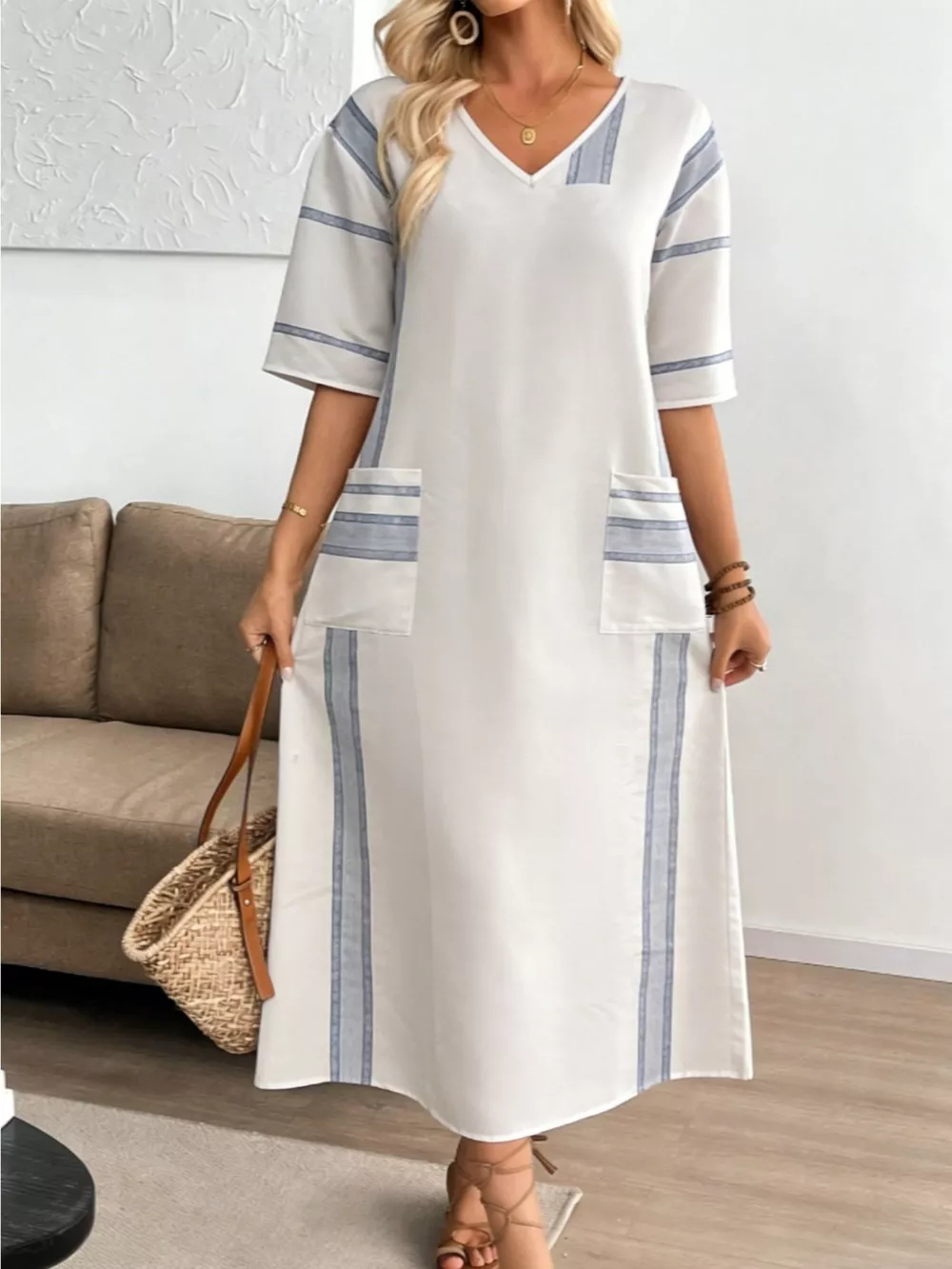 Striped V-Neck Maxi Dress, image 3