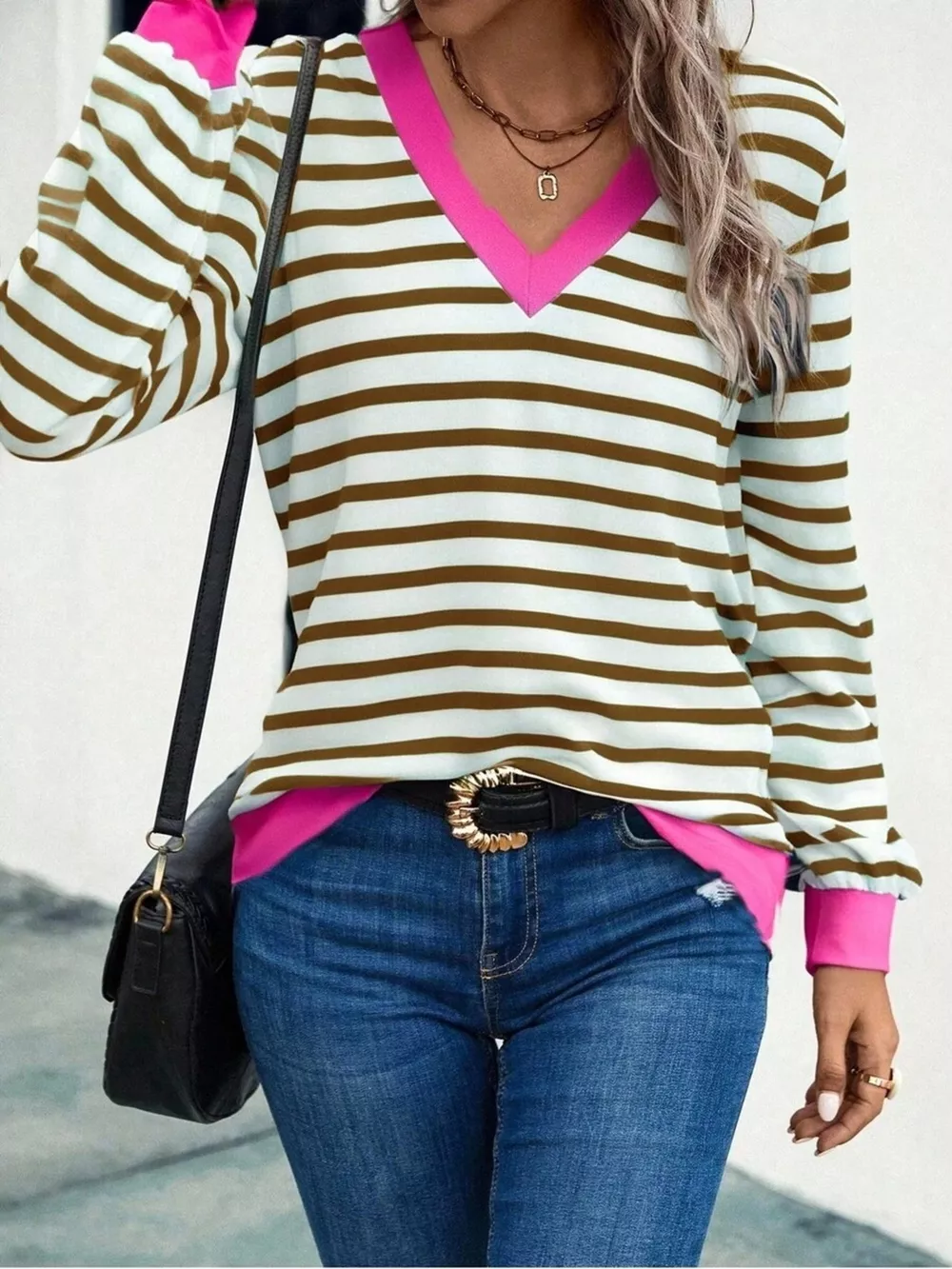 Striped V-Neck Long Sleeve T-Shirt, image 7