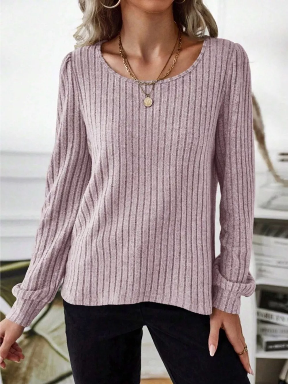 Ribbed Knit Long Sleeve T-Shirt, image 15