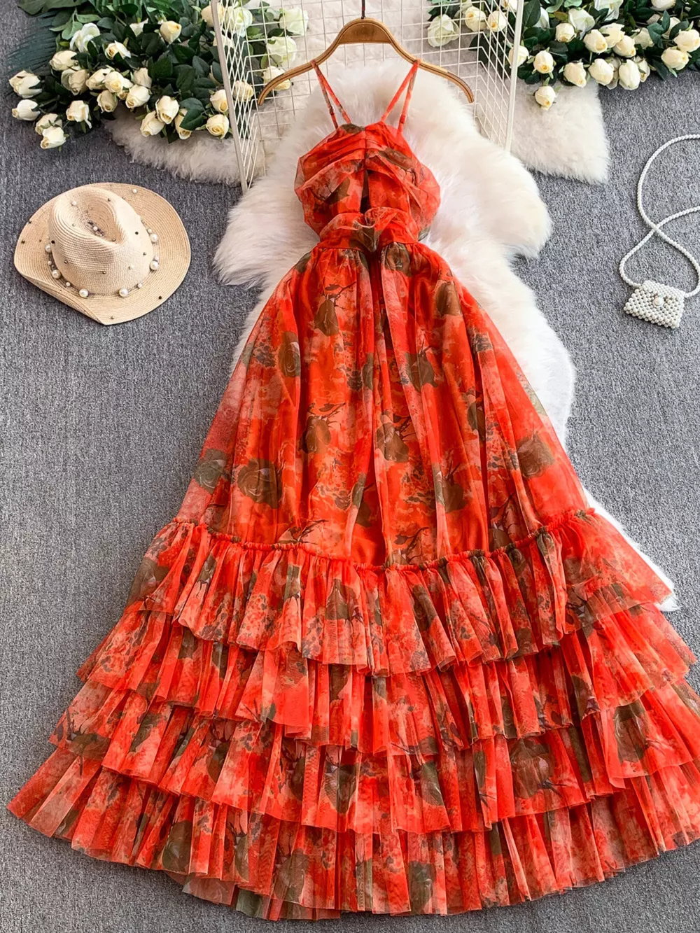 Floral Print Ruffled Layered Mesh Dress, image 13
