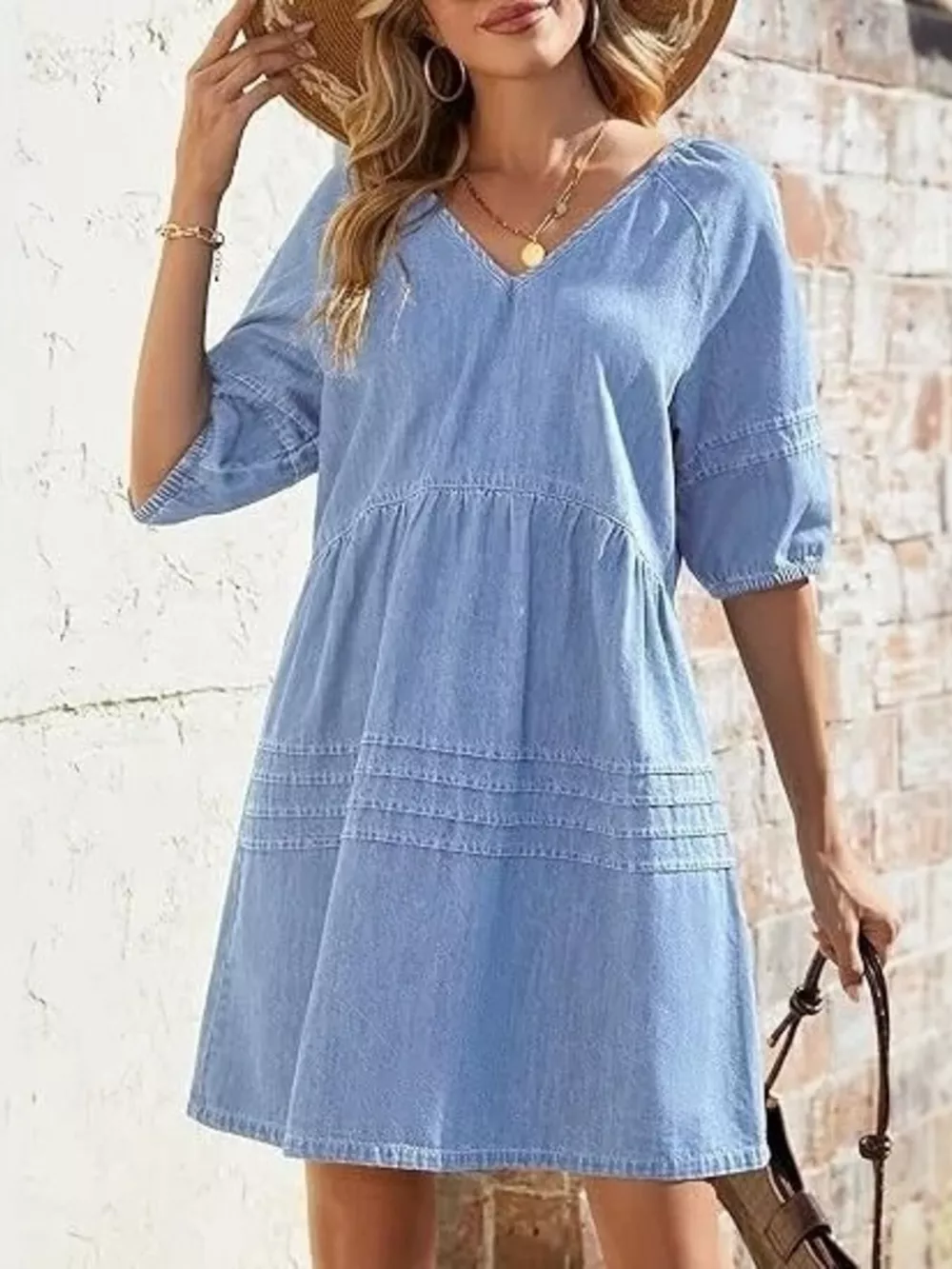 Casual V-Neck Puff Sleeve Denim Mini Dress, image 3