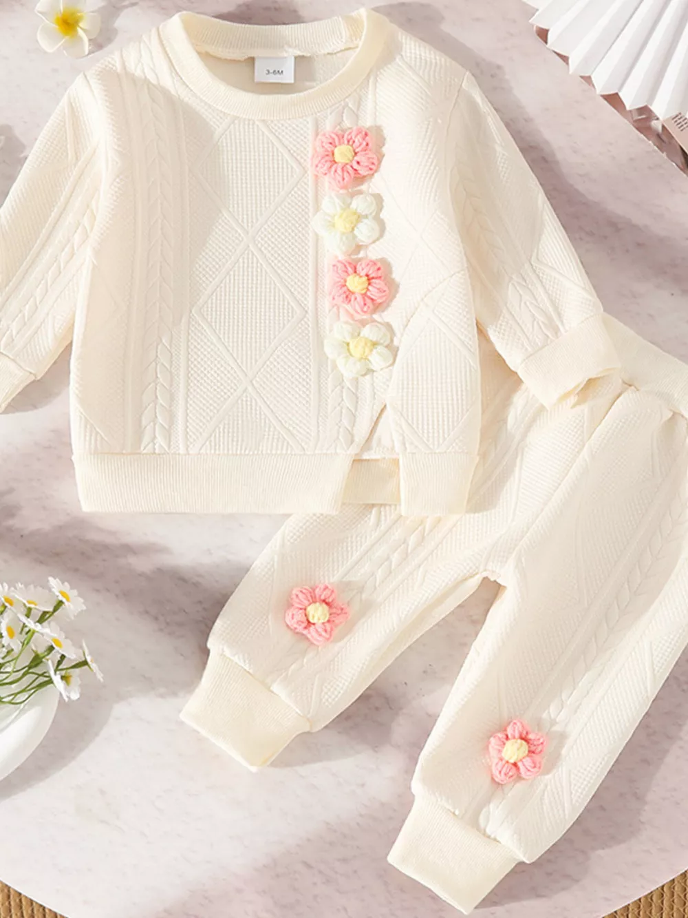 Children's Flower Textured Top and Pants Set
