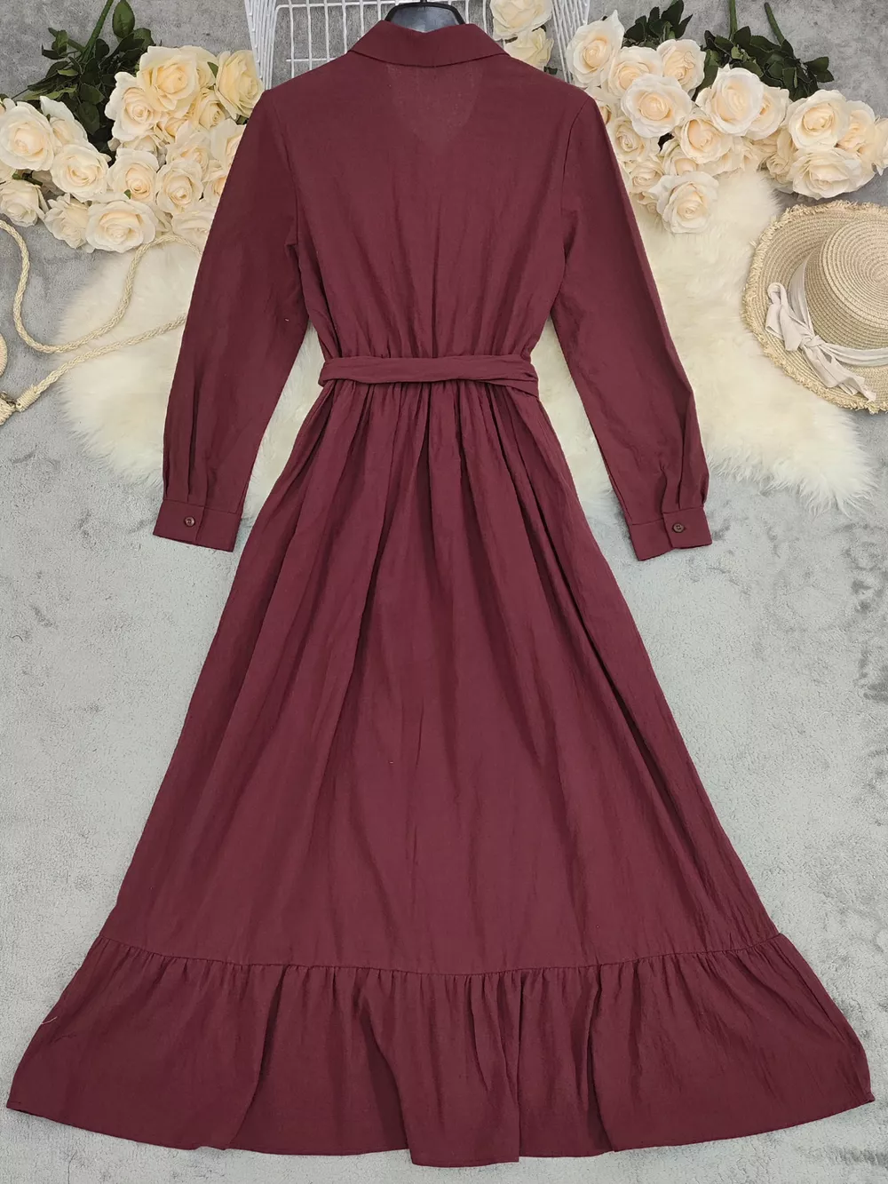 Tie Waist Long Sleeve Ruffled Hem Dress, image 9