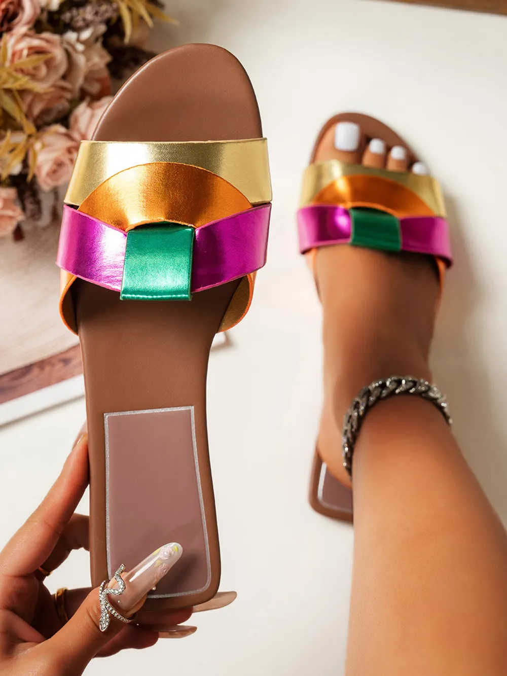 Open Toe Woven Leather Flats Sandals, image 4