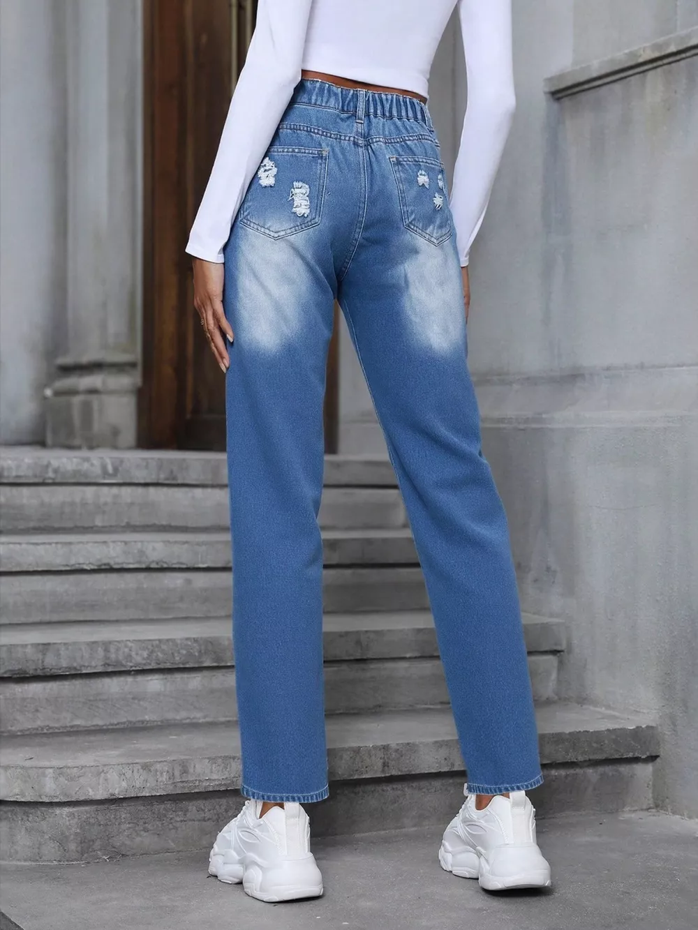 Floral Embroidered High Waist Distressed Jeans, image 5
