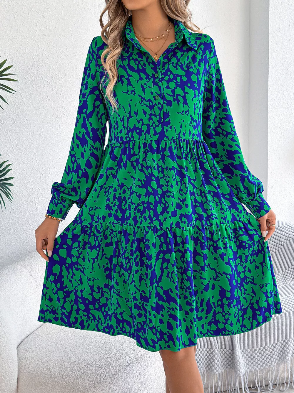 Printed Collared Neck Long Sleeve Dress, image 10