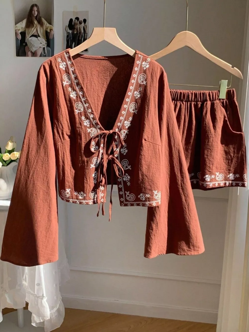 Embroidered Tie-Front Top & Shorts Set, image 8