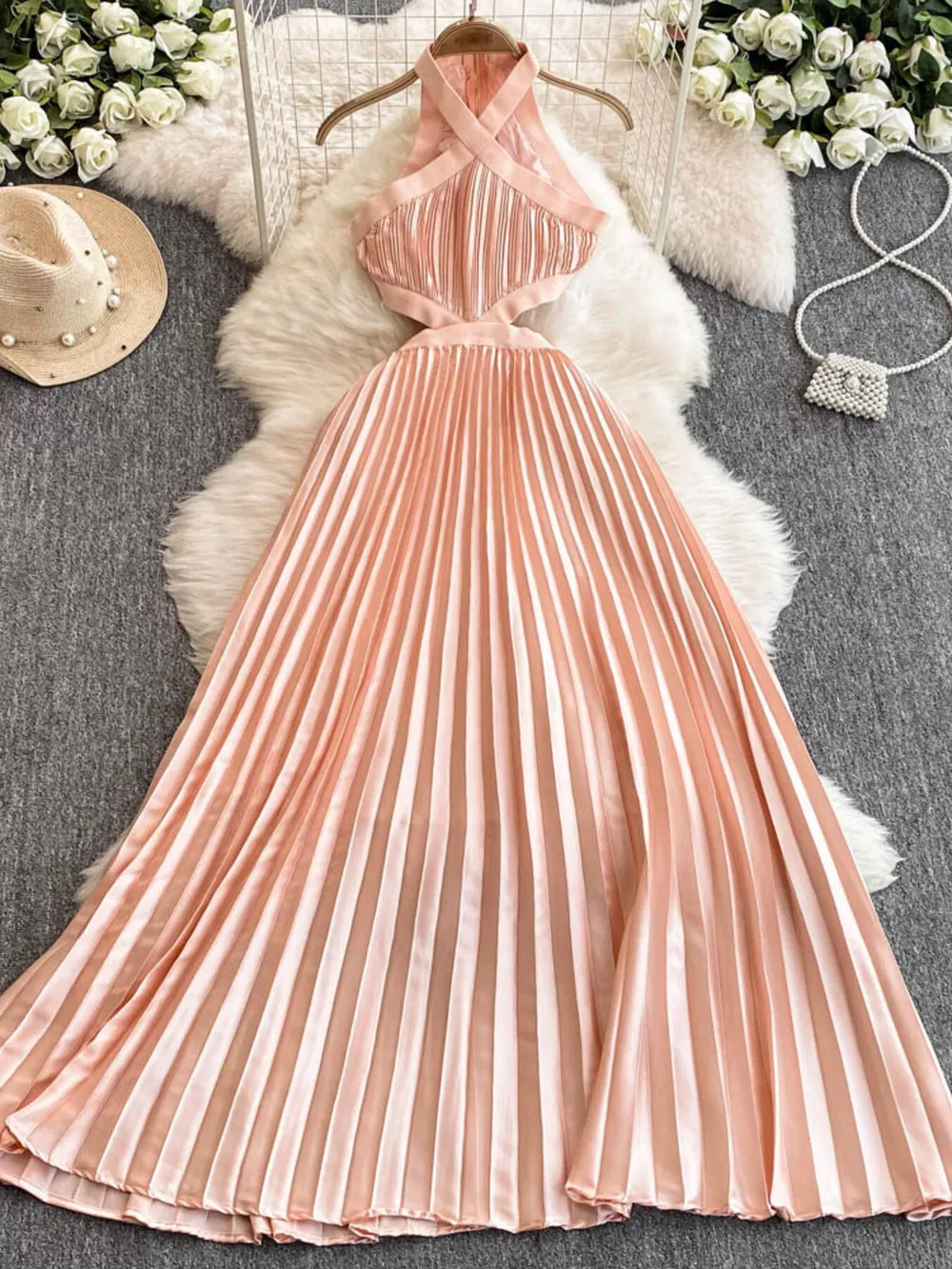 Halter Neck Pleated Maxi Dress, image 4