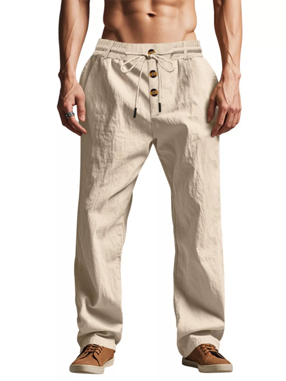 Men's Full Size Drawstring Pants with Button-Front Detail Plus Size