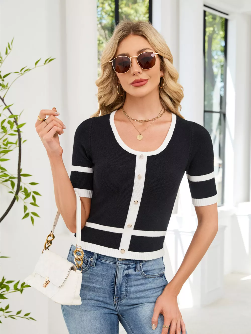 Button Decor Contrast Trim Sweater, image 4