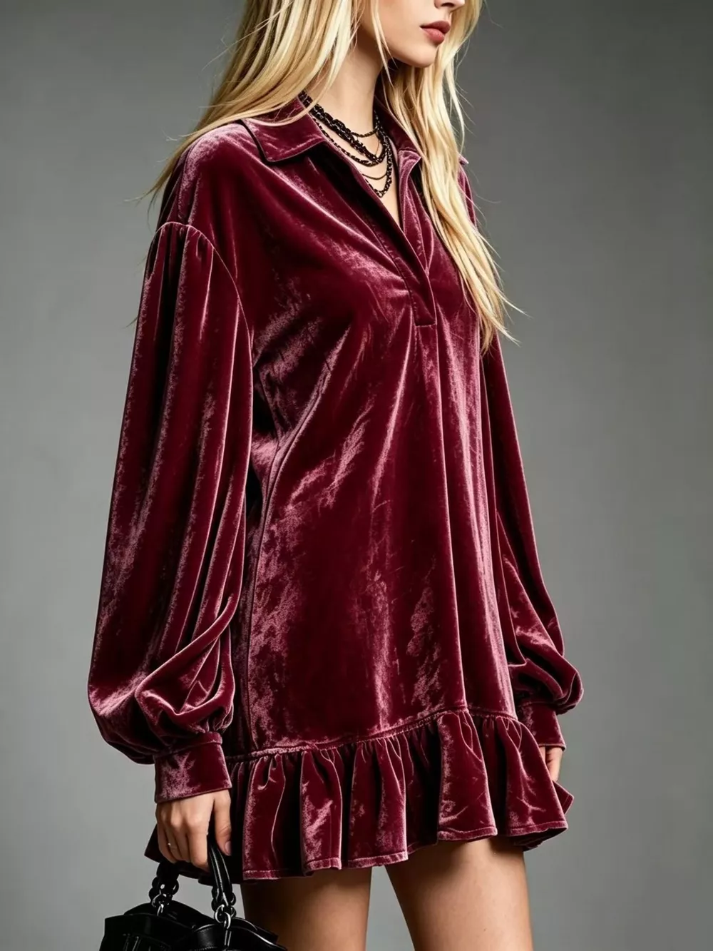 Full Size Velvet Ruffled Hem Long Sleeve Dress Plus Size, image 14