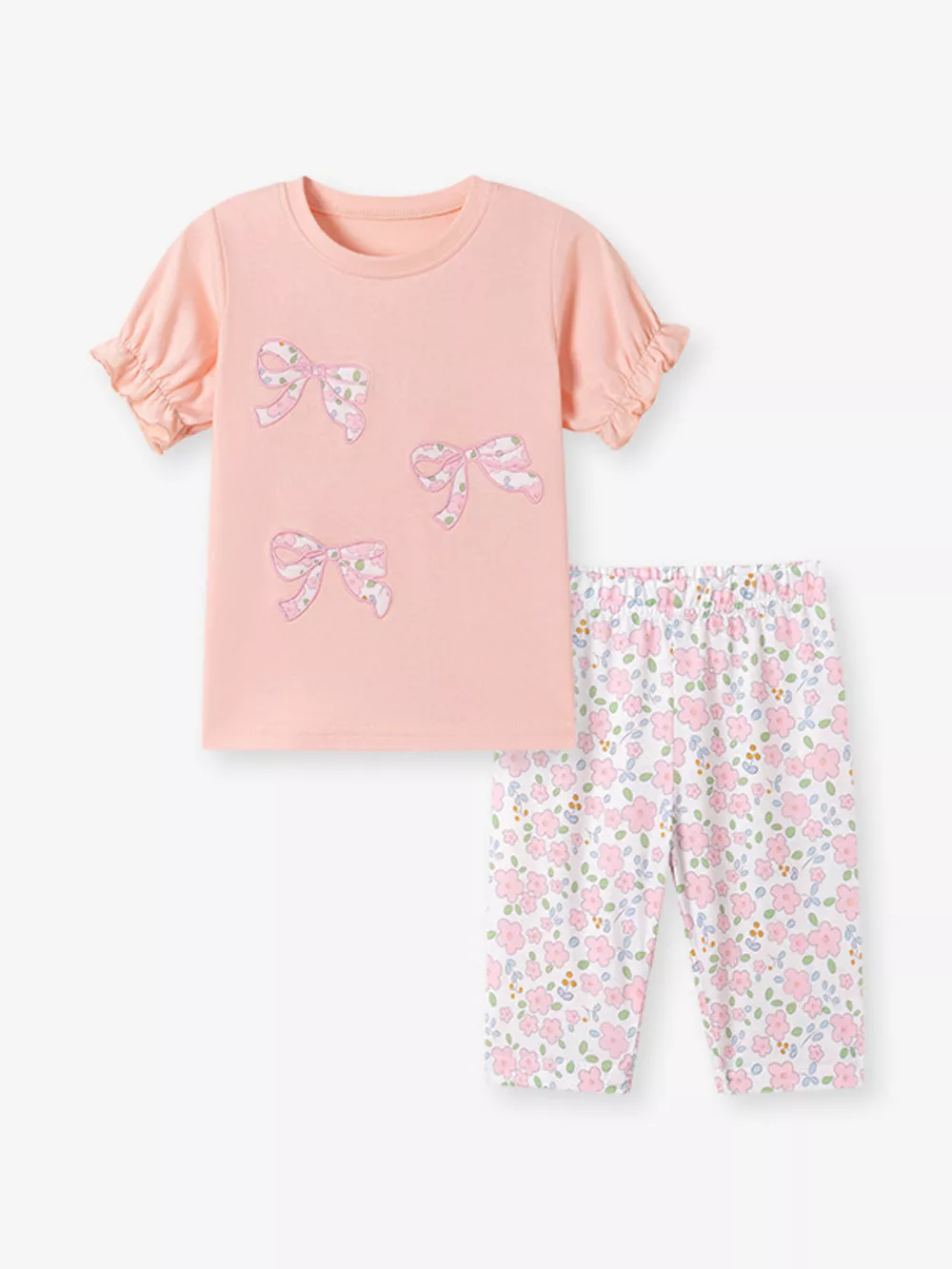 Children's Floral Bowknot Ruffle Sleeve Top & Cropped Pants Set, image 4