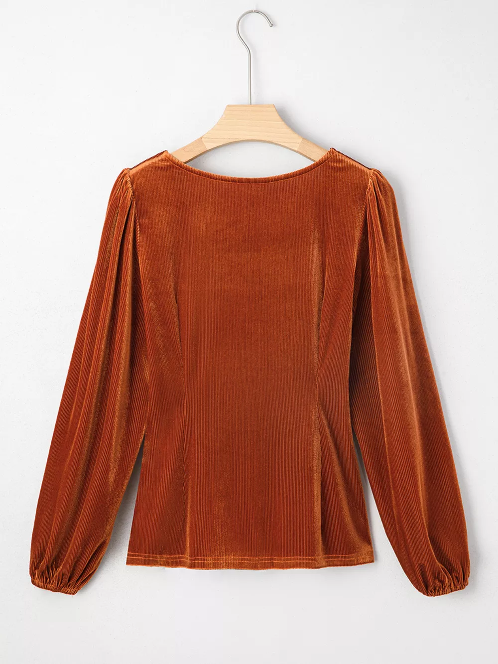 Velvet Ribbed Texture Square Neck Slim Puff Sleeve Top, image 7
