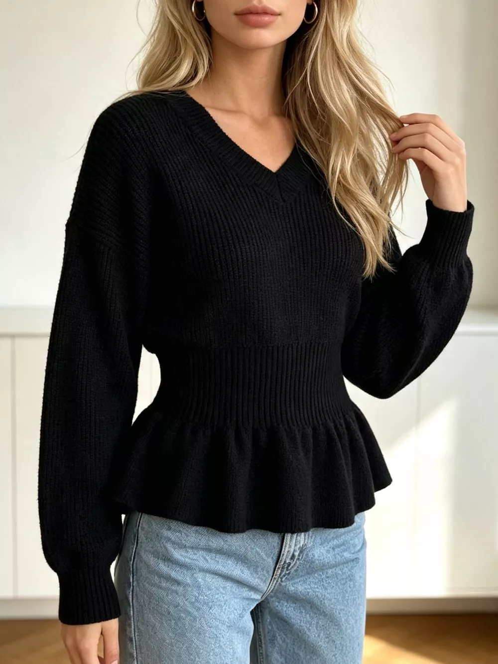 V-Neck Peplum Hem Ribbed Knit Top, image 12