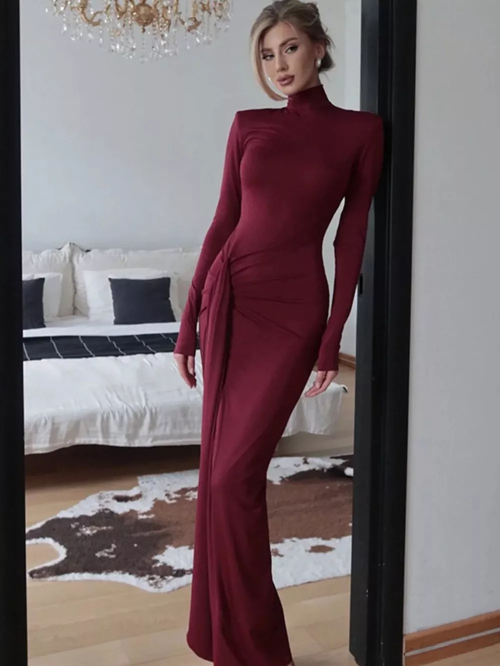 Turtleneck Long Sleeve Tie Waist Maxi Dress, image 12