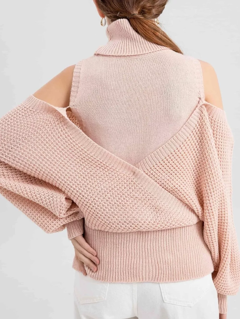 Waffle Knit Cold Shoulder Turtleneck Sweater, image 3
