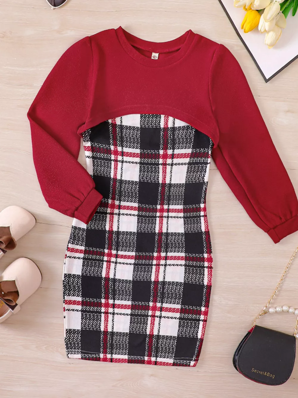 Children's Plaid Print Long Sleeve Dress Set, image 10