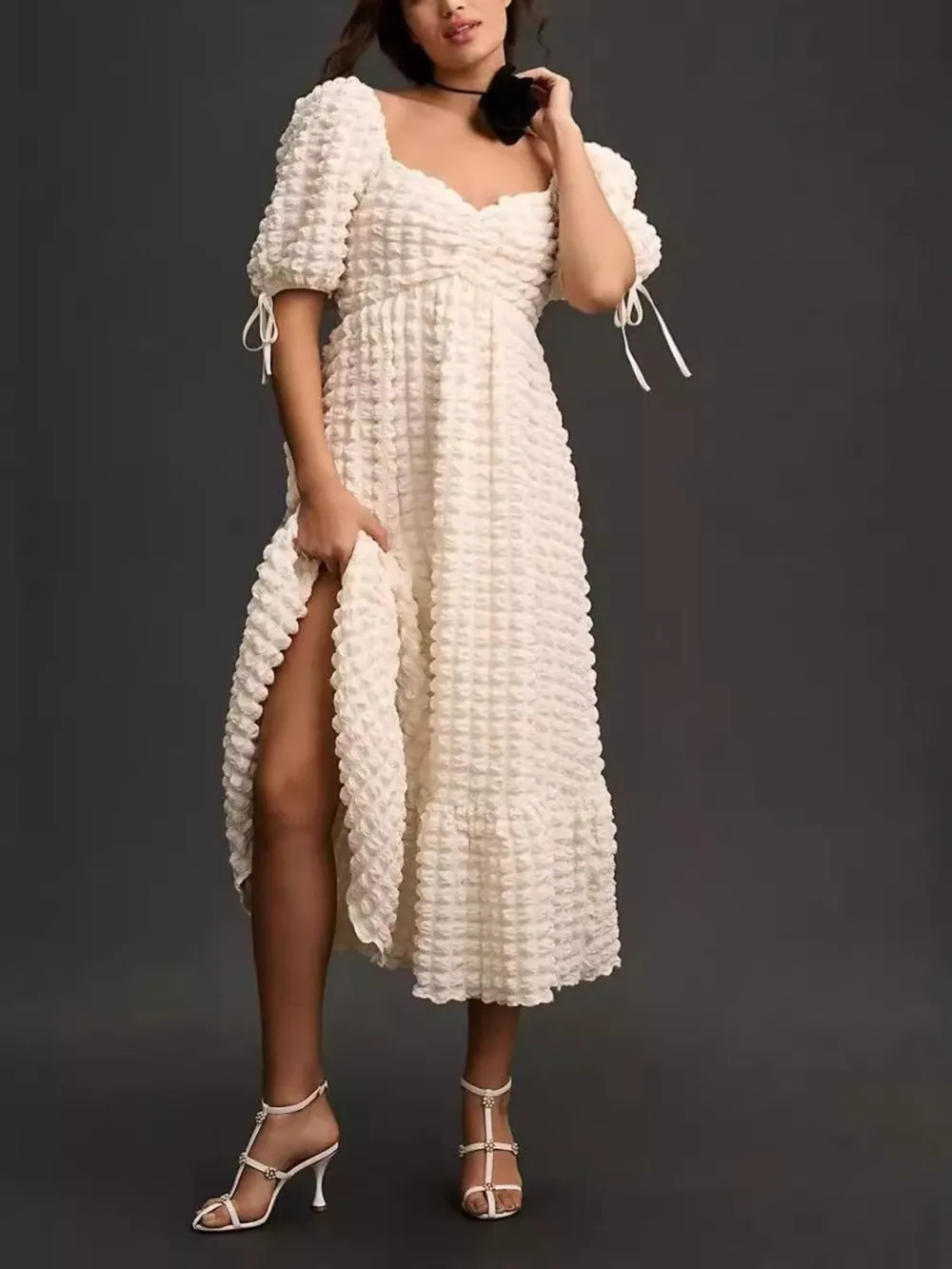 Textured Sweetheart Neck Short Sleeve Dress, image 21