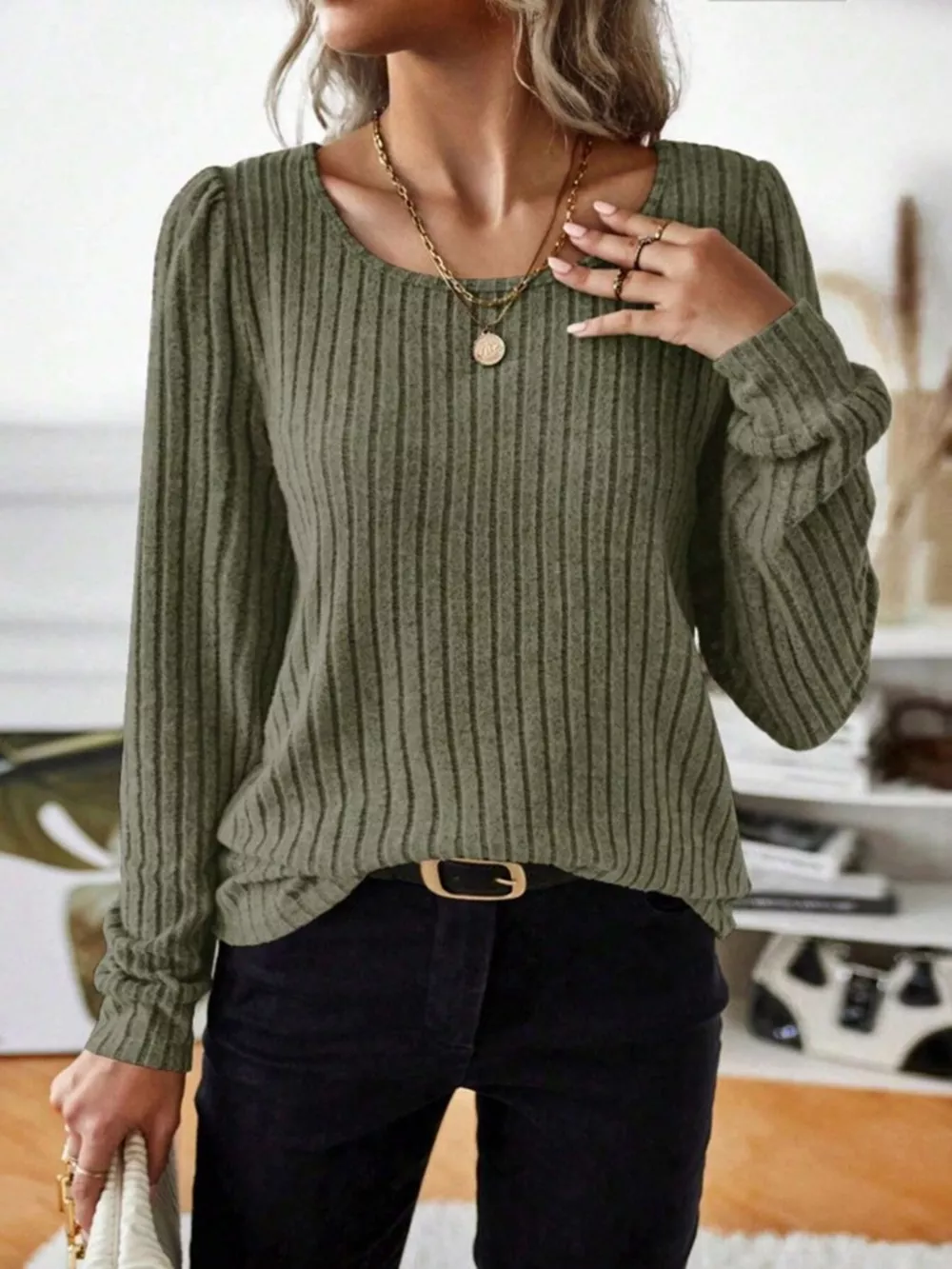 Ribbed Knit Long Sleeve T-Shirt, image 19