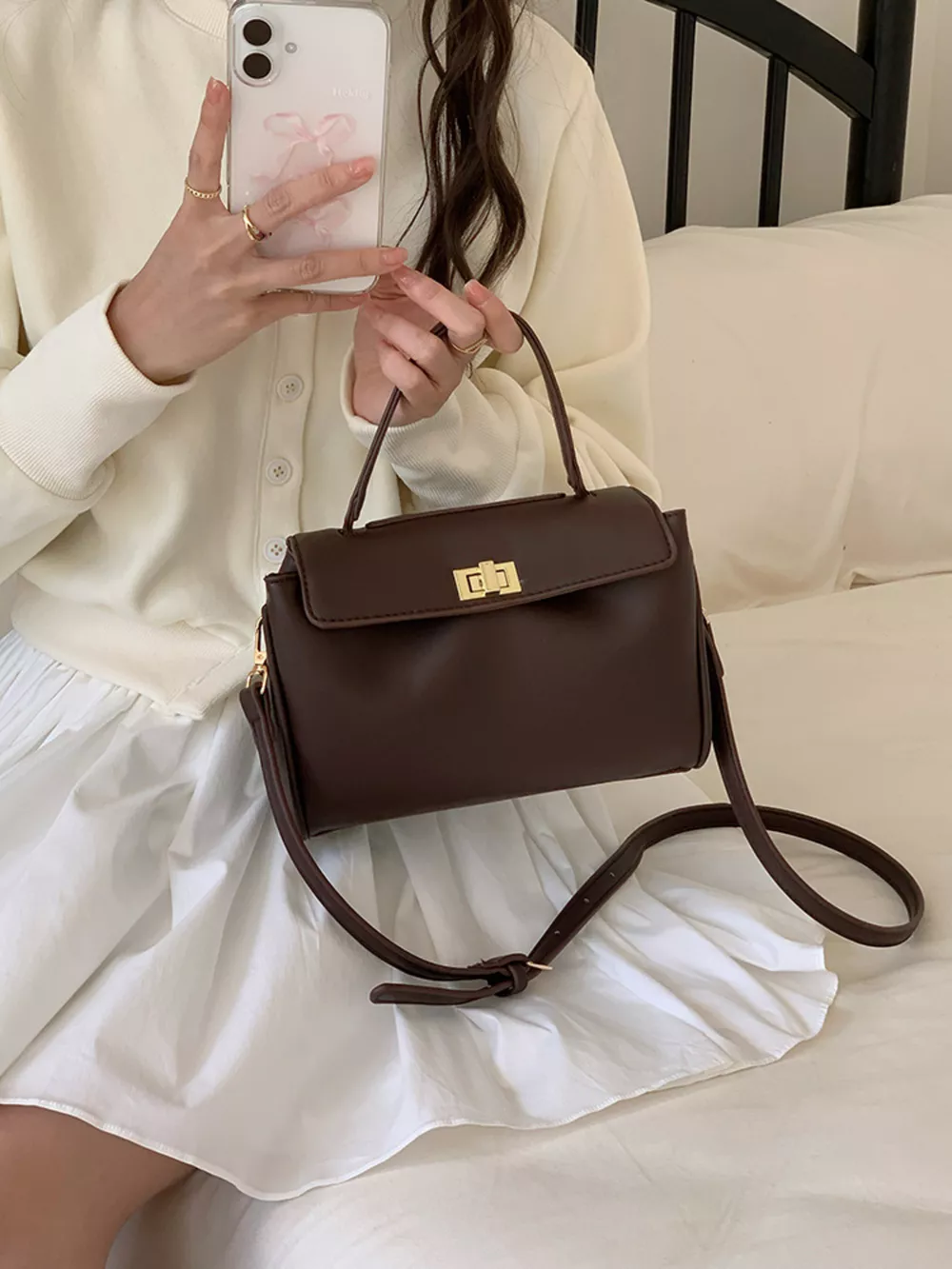 Golden Clasp Leather Crossbody Bag, image 14