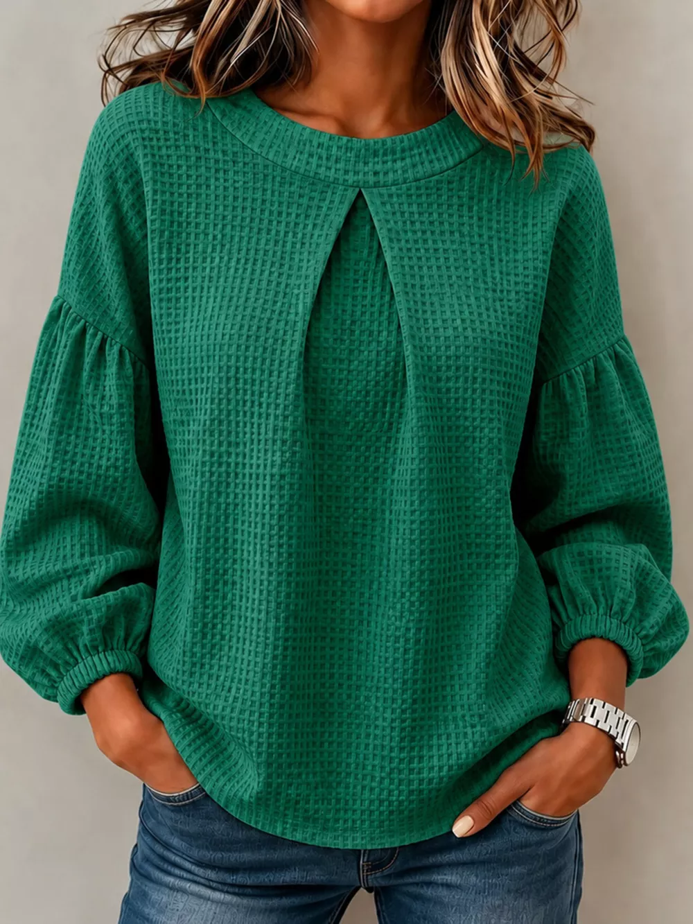 Waffle Knit Round Neck Top, image 7