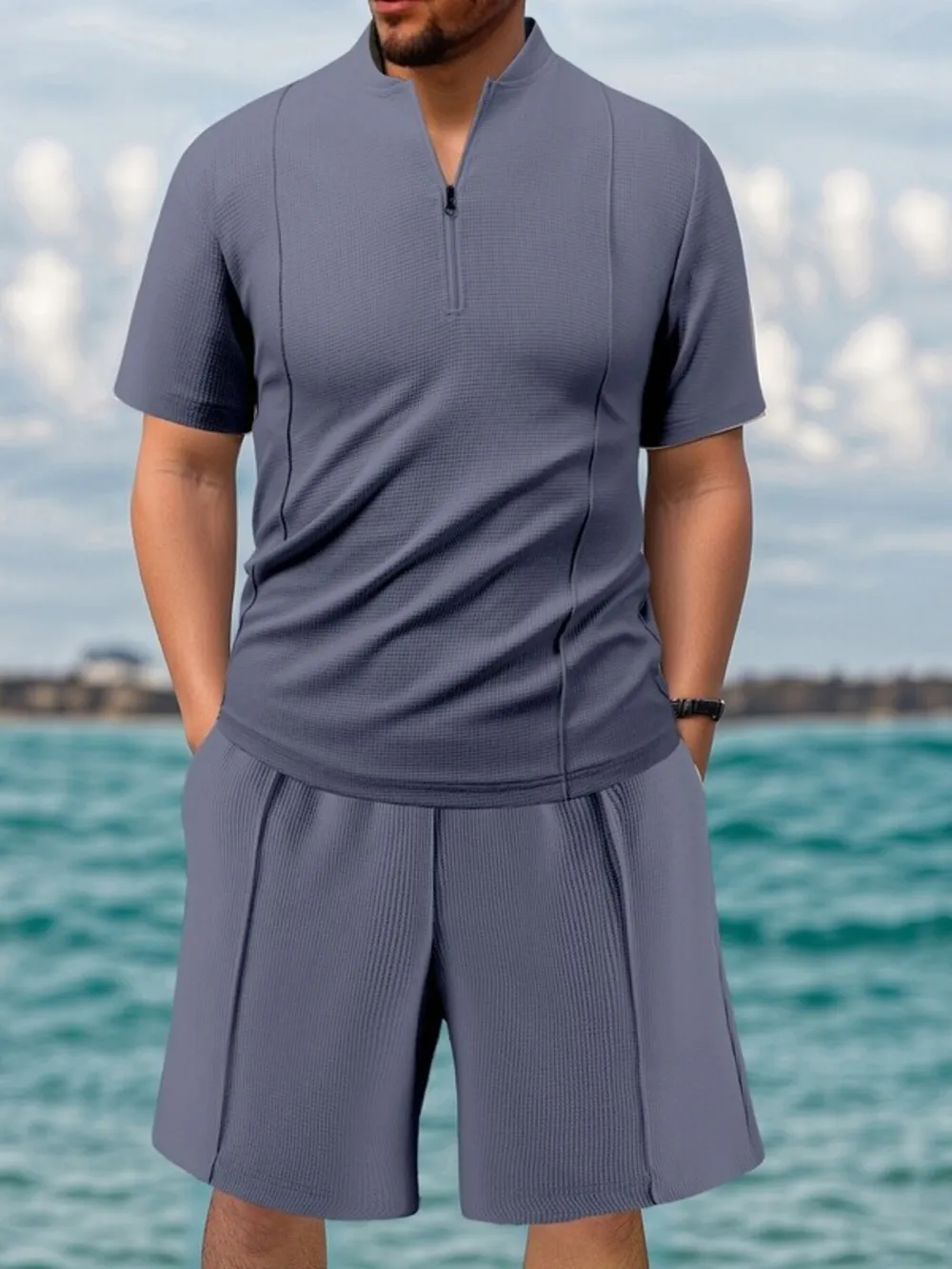 Men's Full Size Zip Front Short Sleeve Top and Shorts Set Plus Size, image 3