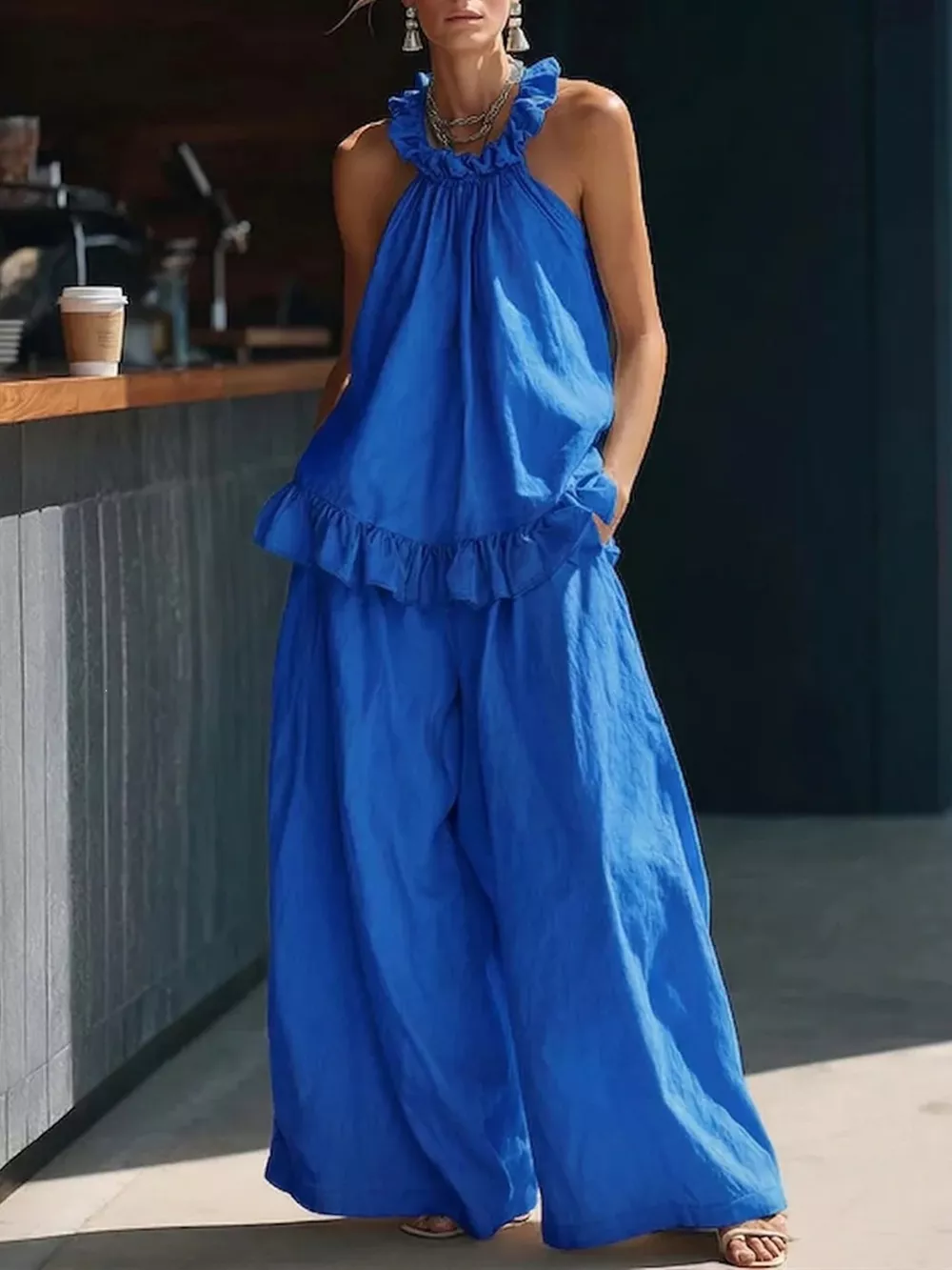 Full Size Ruffled Halter Neck Top and Wide-Leg Pants Set Plus Size, image 2