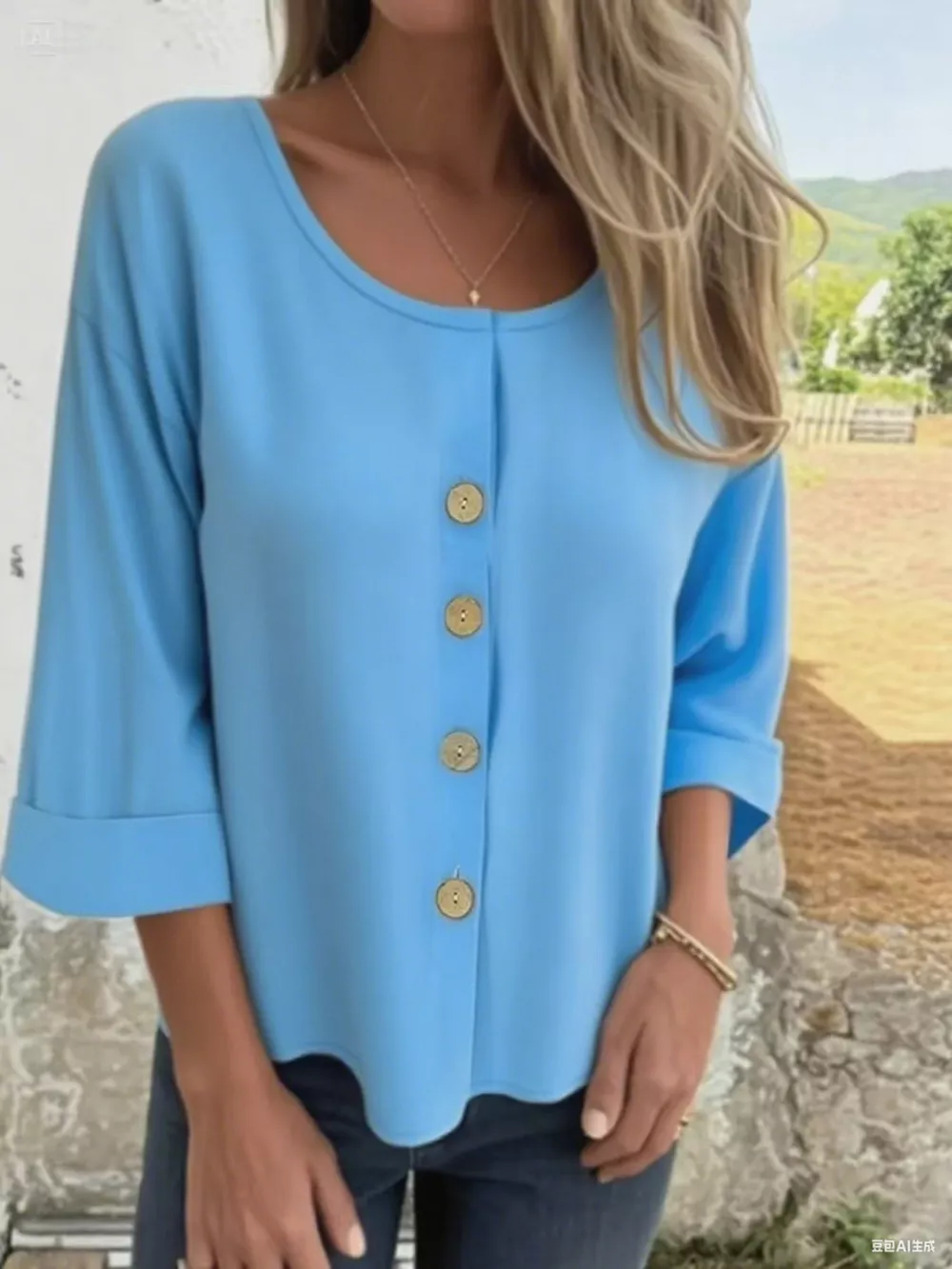 Full Size Button-Front 3/4 Sleeve Casual Blouse Plus Size, image 14