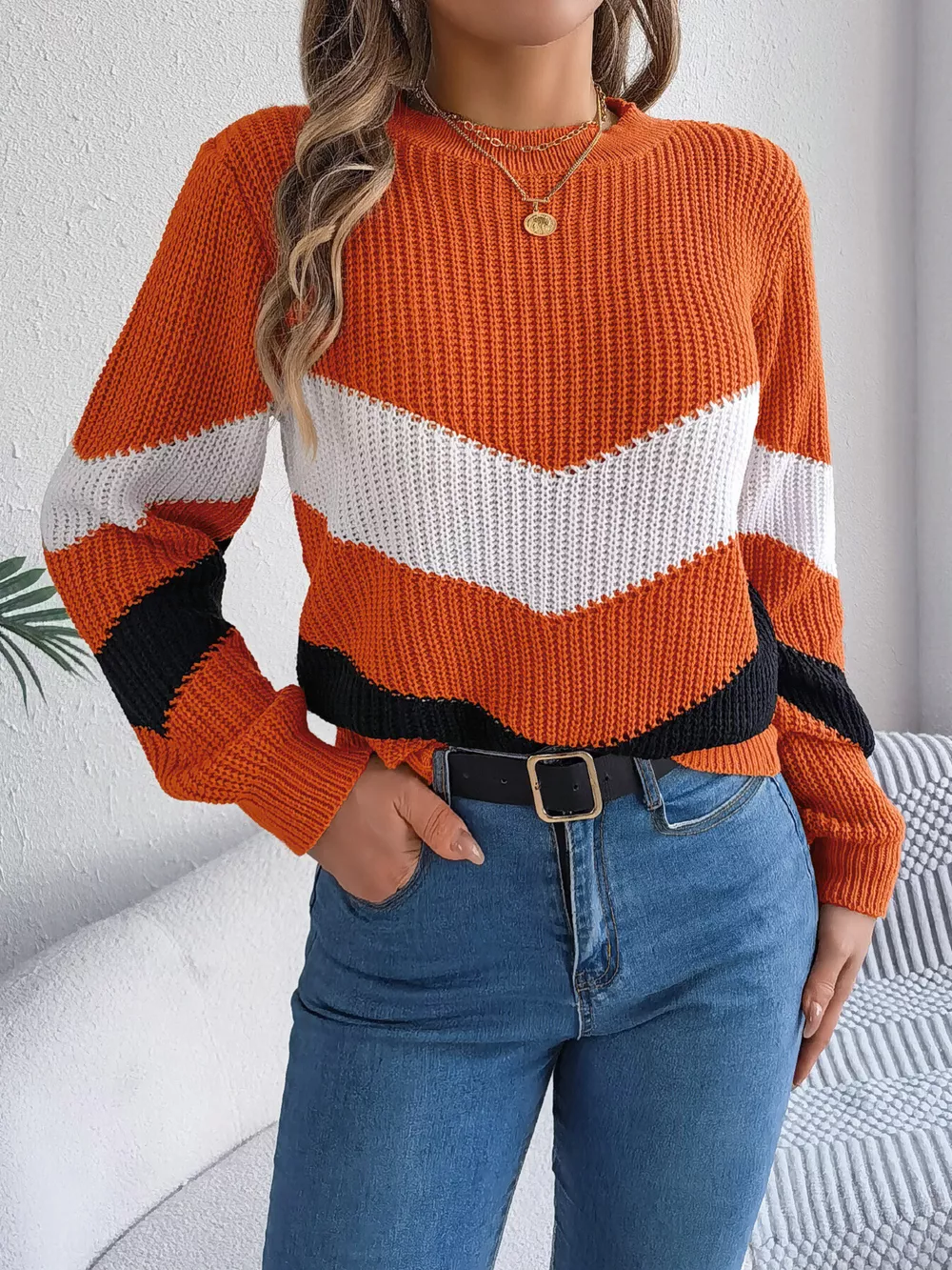 Chevron Stripe Color Block Round Neck Sweater, image 5