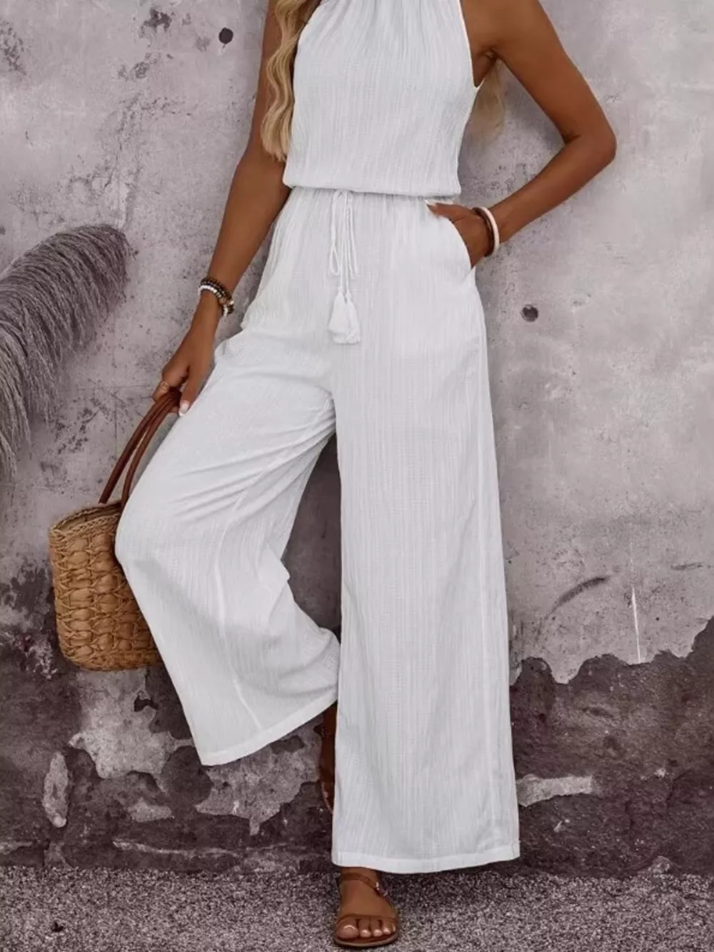 Full Size Tassel Sleeveless Wide Leg Jumpsuit Plus Size, image 2