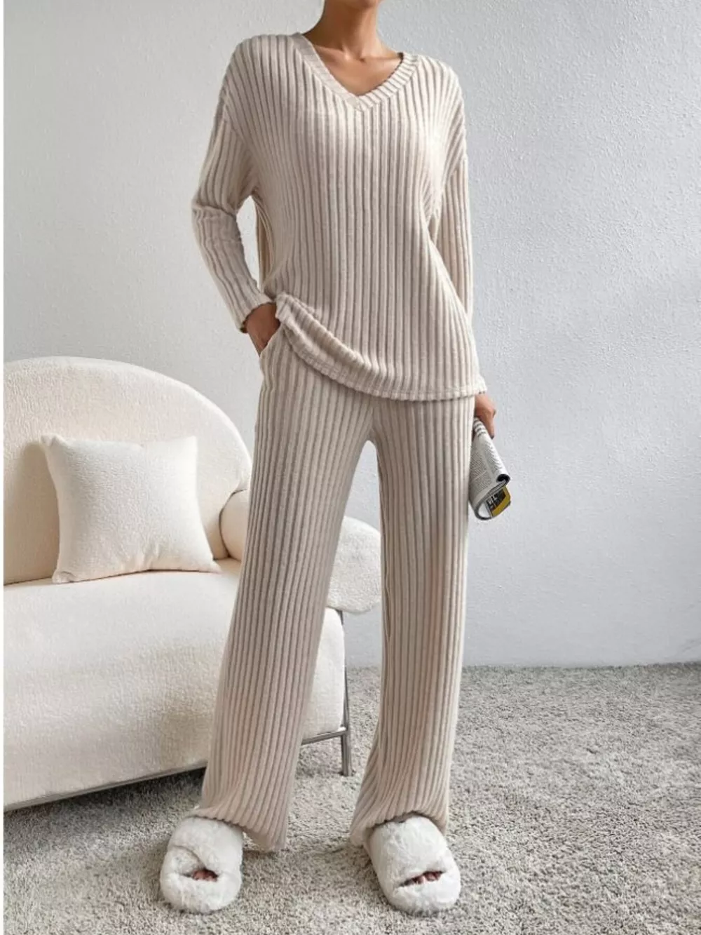 Ribbed Knit V-Neck Top and Pants Set, image 19