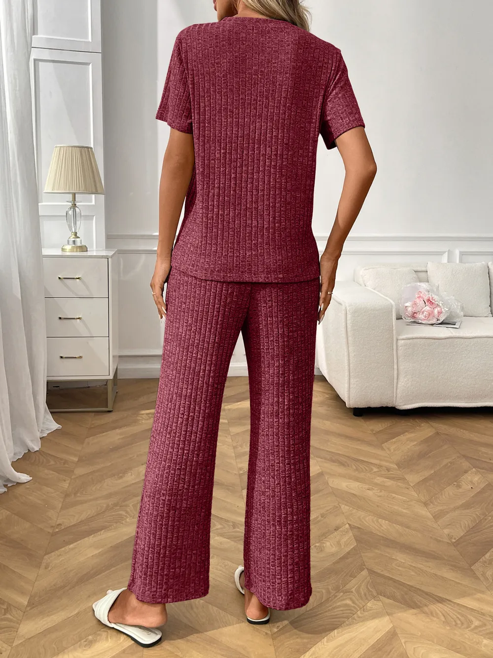 Ribbed Knit Short Sleeve Top and Pants Lounge Set, image 10