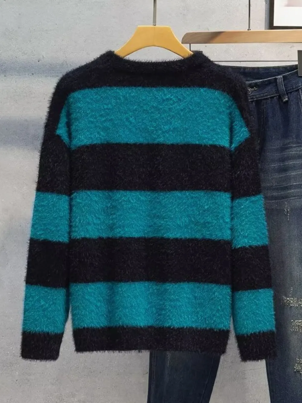 Men's Plus Size Striped Fuzzy Knit Pullover Sweater, image 2