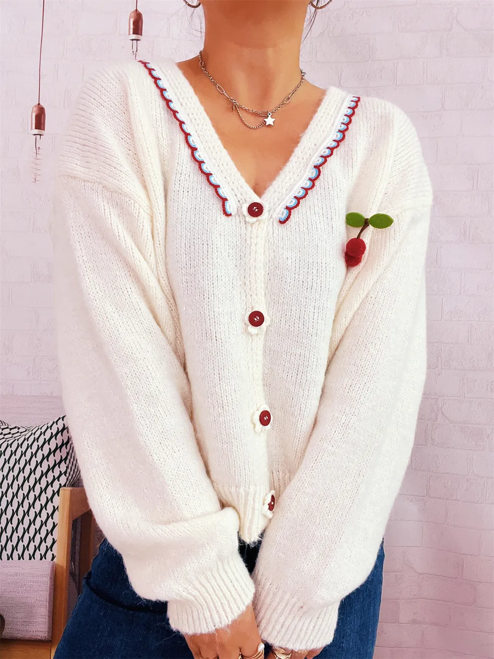 Cherry Button-Front Long Sleeve Cardigan, image 12