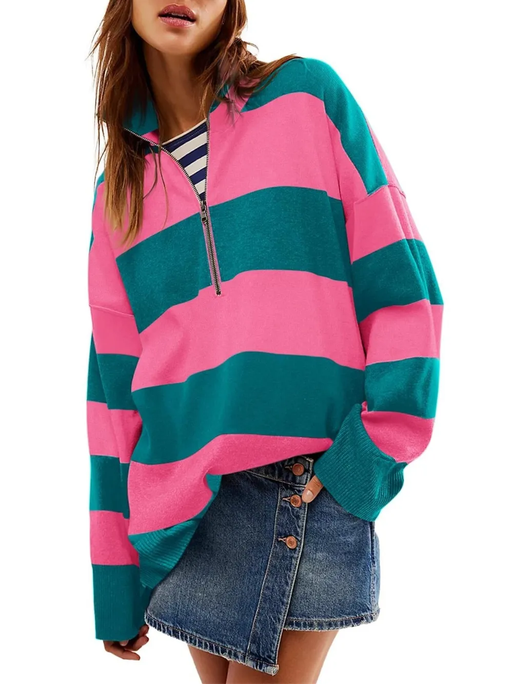 Striped Half-Zip Oversized Sweatshirt, image 13