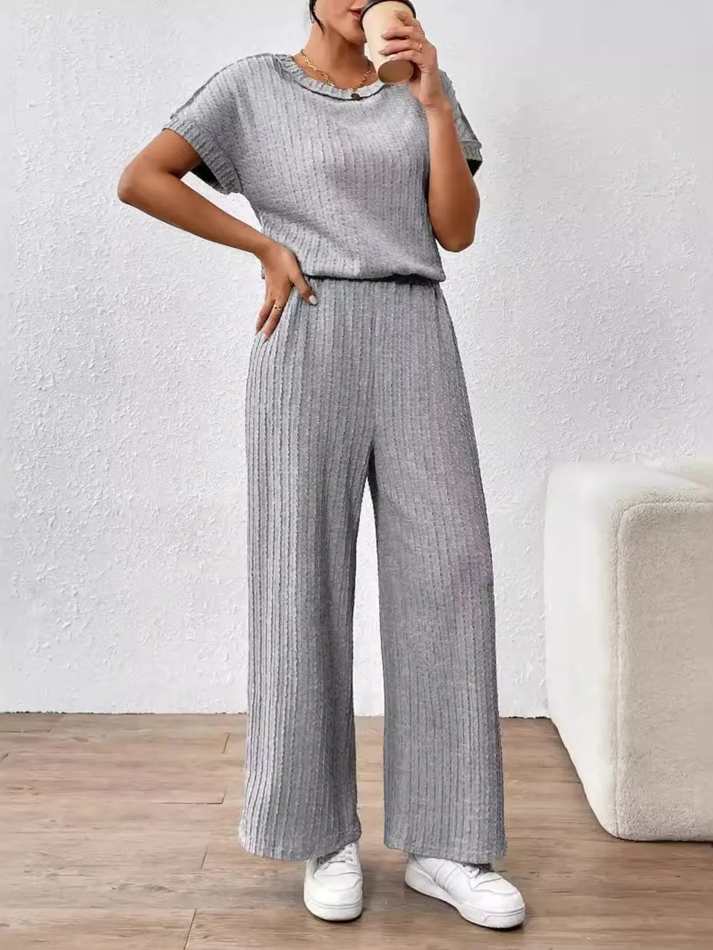 Round Neck Short Sleeve Top and Pants Set, image 4