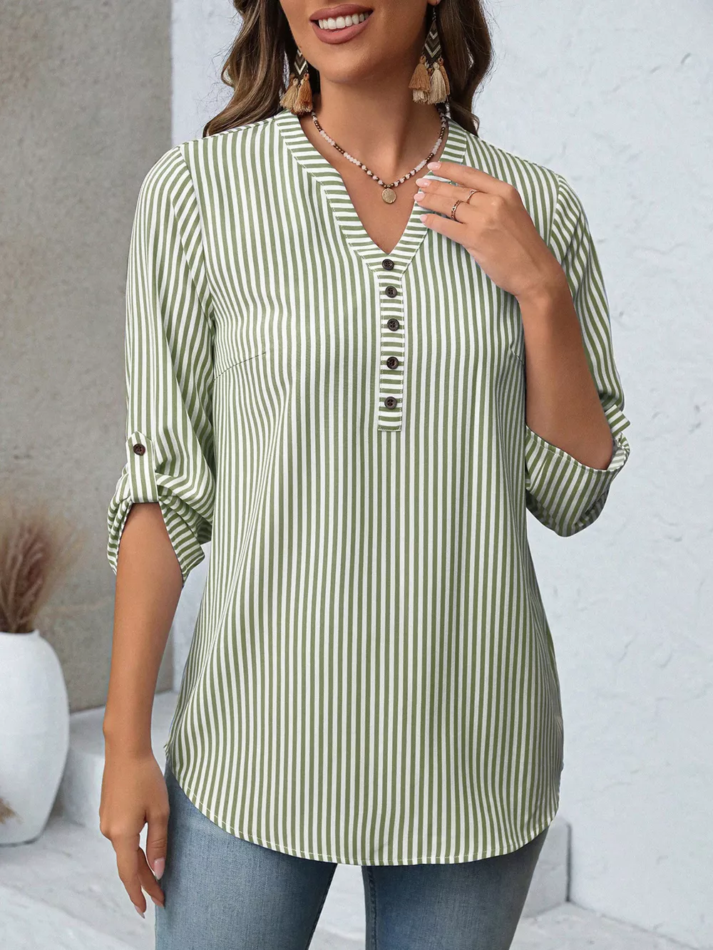 Striped V-Neck Roll-Up Sleeve Blouse, image 12