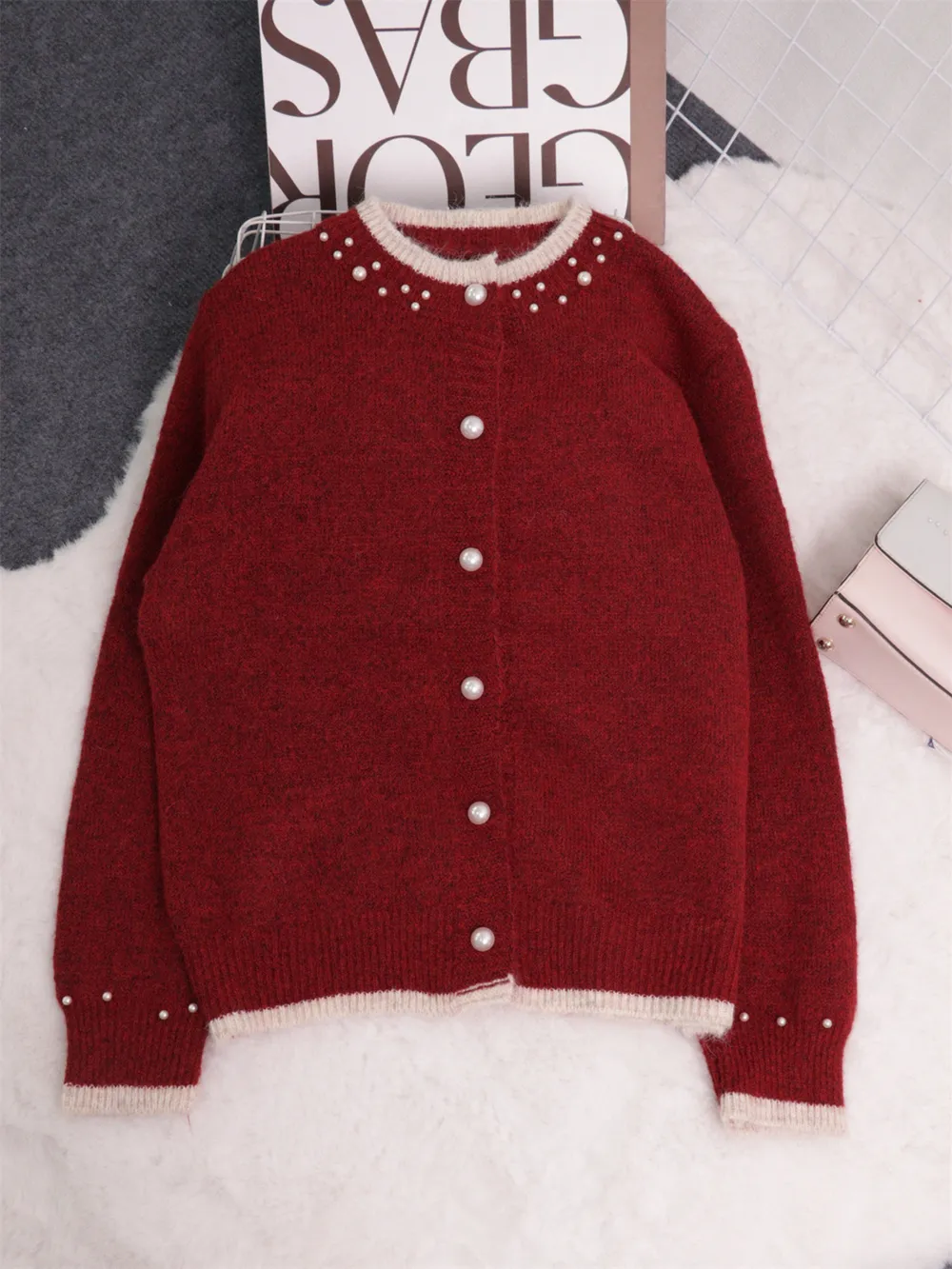 Pearl Embellished Button-Front Cardigan, image 8