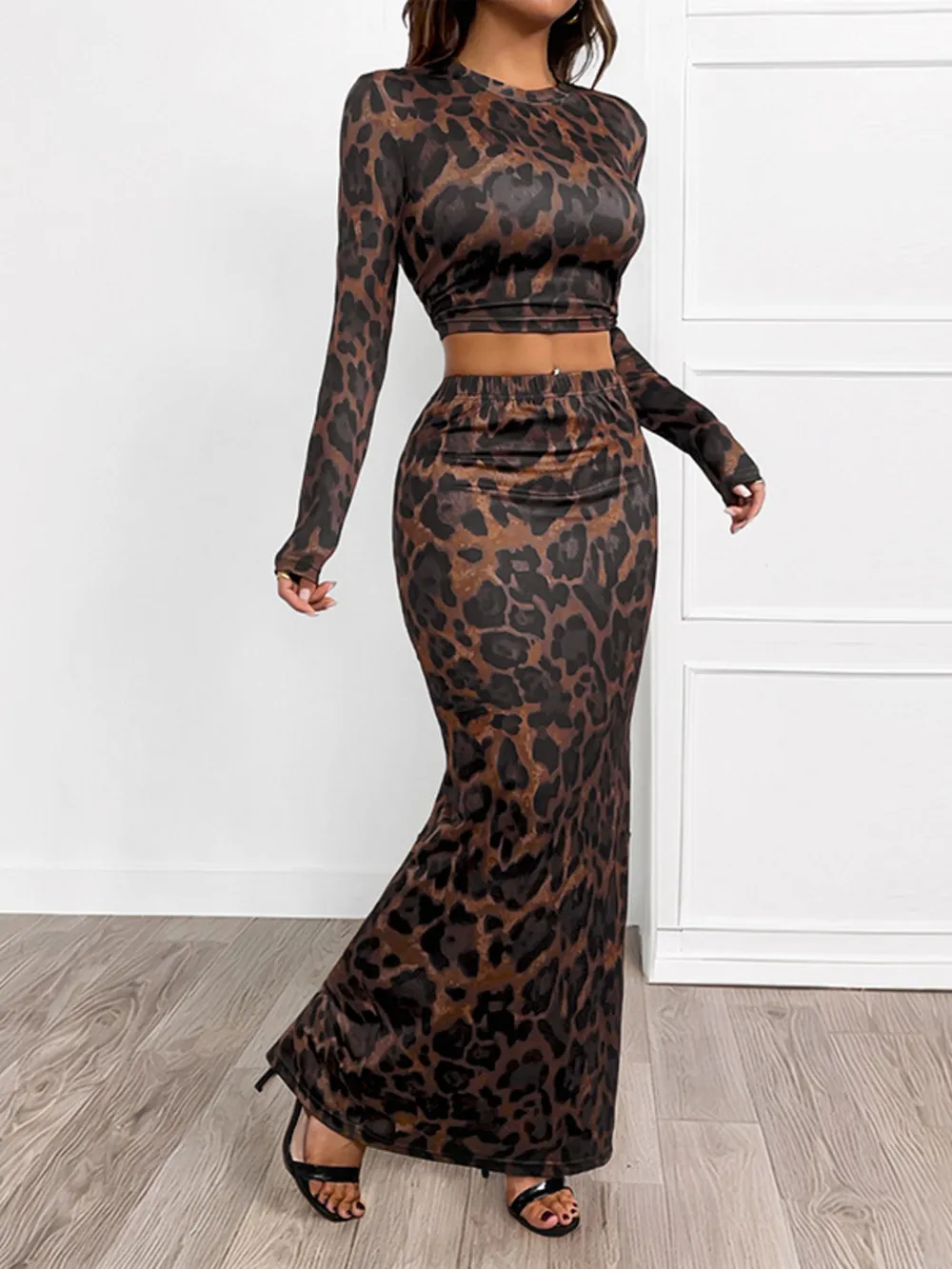 Leopard Round Neck Top and Skirt Set, image 8