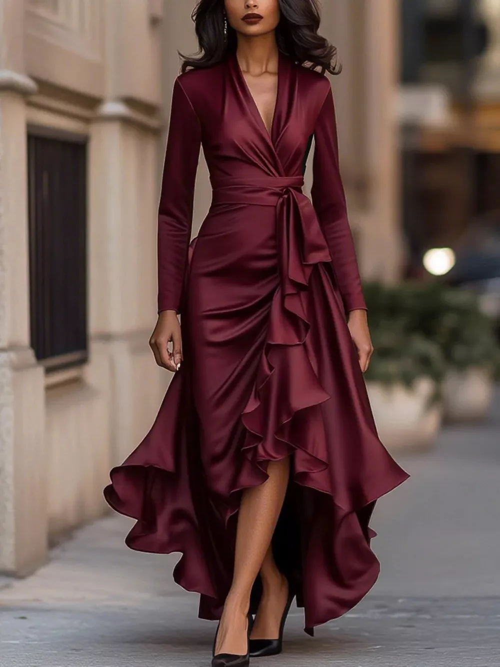 Elegant Wrap Dress with Ruffled Hem, image 9