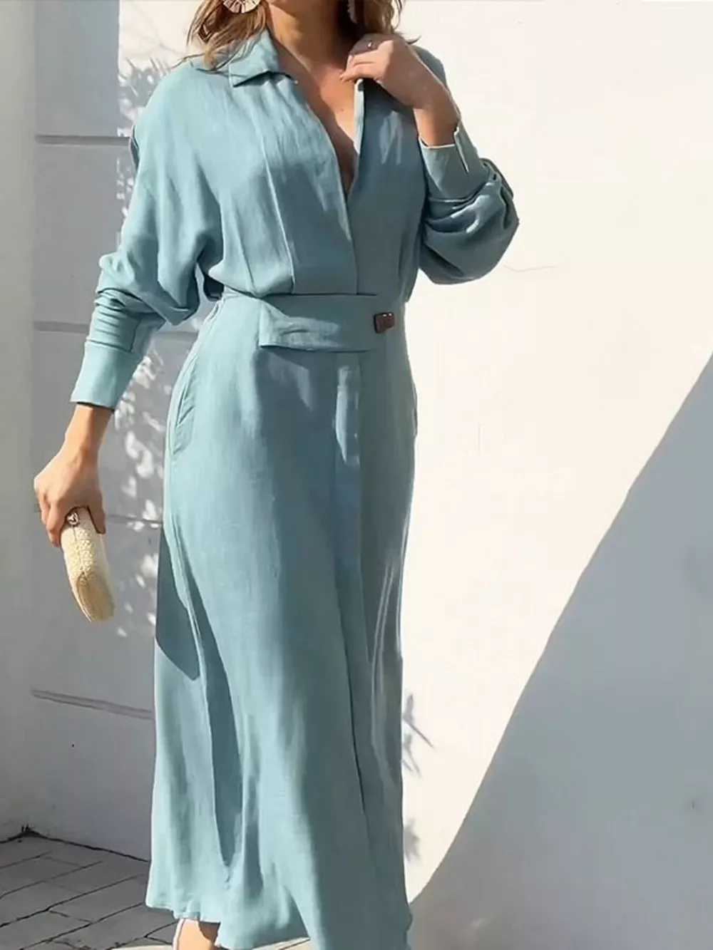 Side Slit Long Sleeve Shirt Dress, image 2