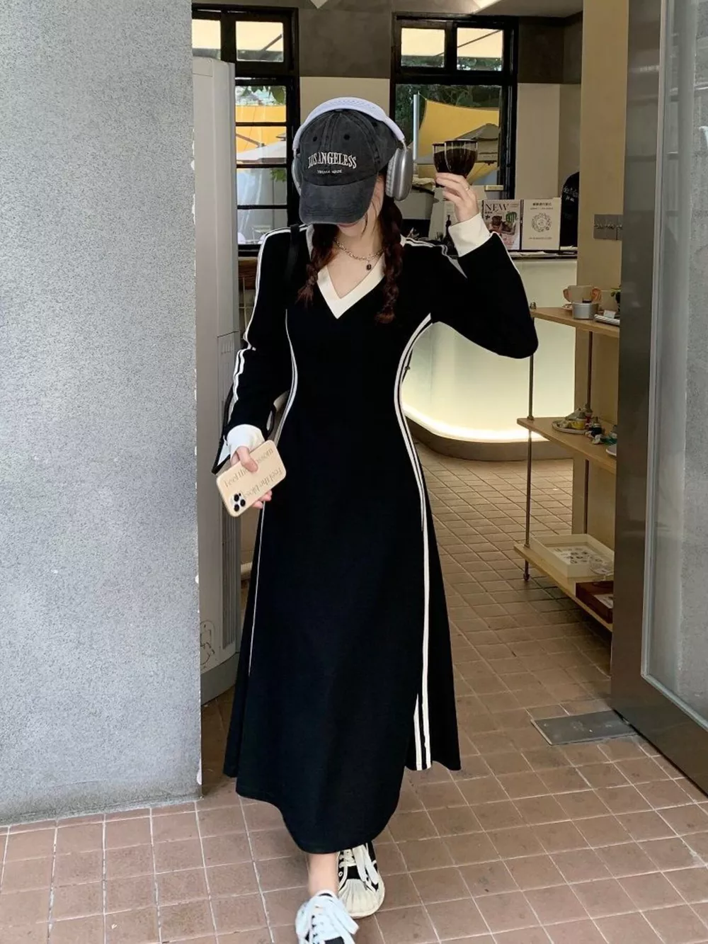 Plus Size V-Neck Long Sleeve Bodycon Midi Dress with Side Stripes, image 3