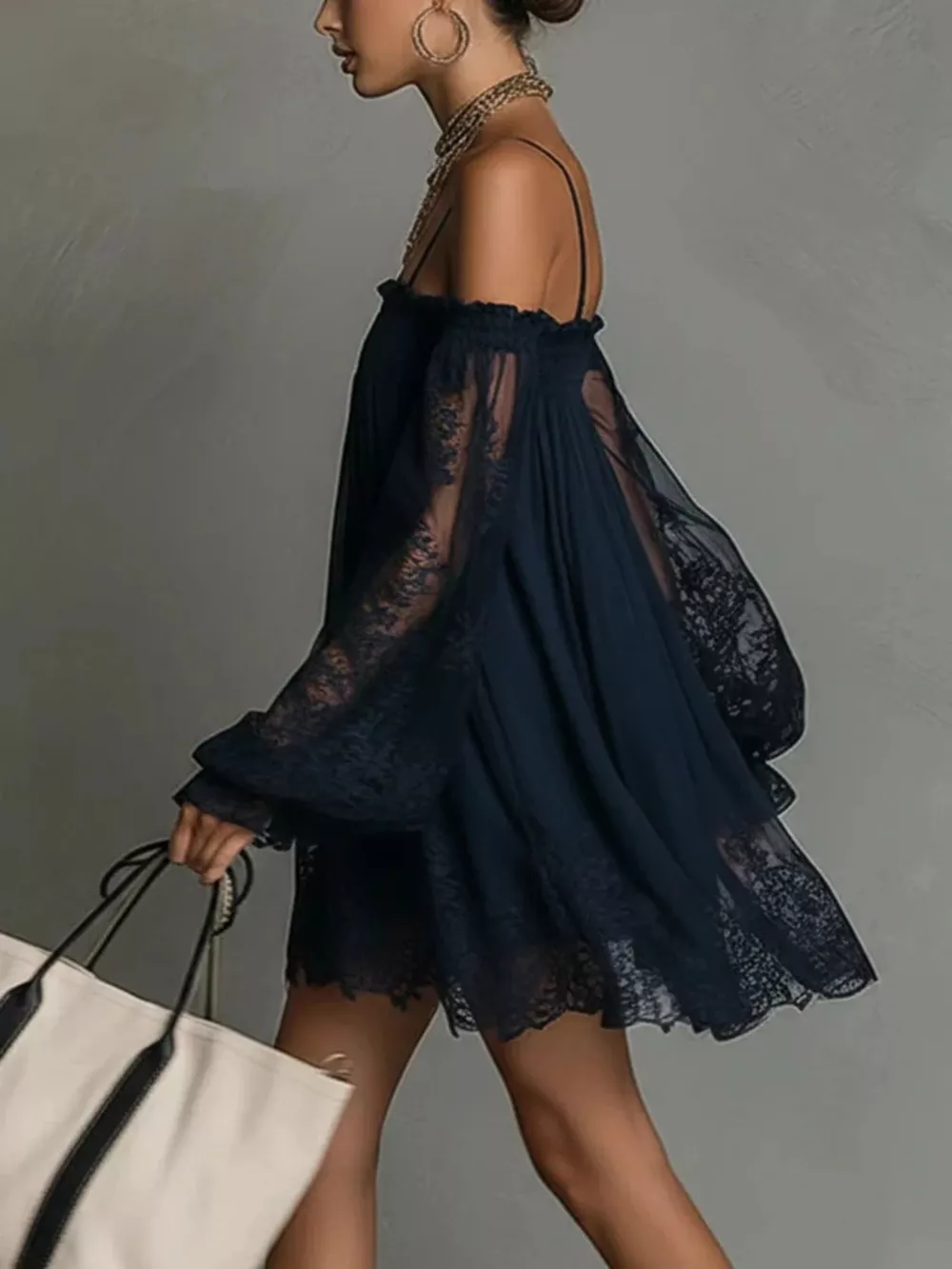 Spaghetti Strap Lace Flounce Sleeve Mini Dress, image 3