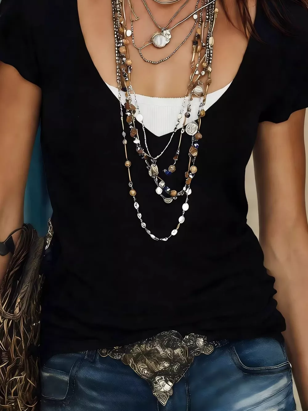 Faux Layered Scoop Neck Short Sleeve T-Shirt, image 4
