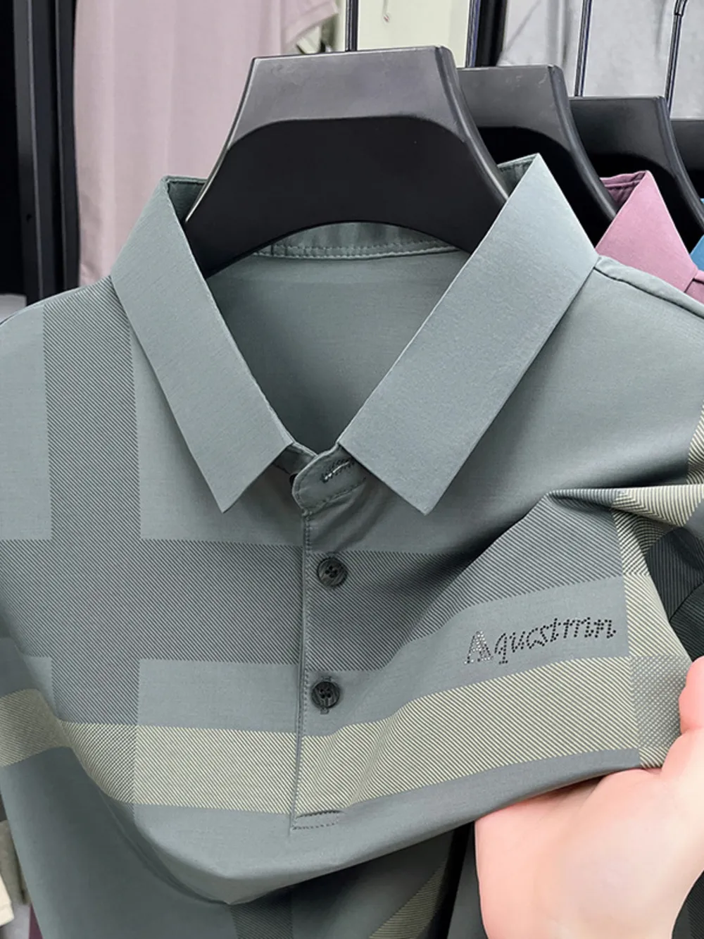 Men's Plaid Button Detail Short Sleeve Polo